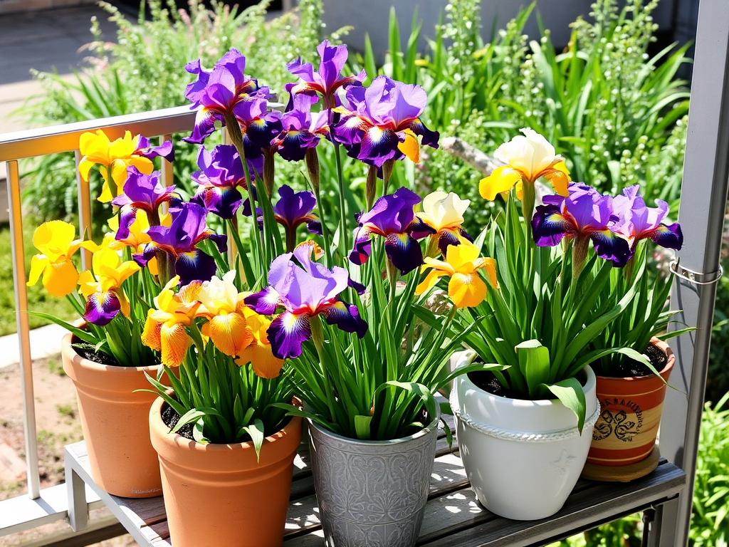 Colorful irises in containers showcasing vibrant purple and yellow flowers for growing iris in containers