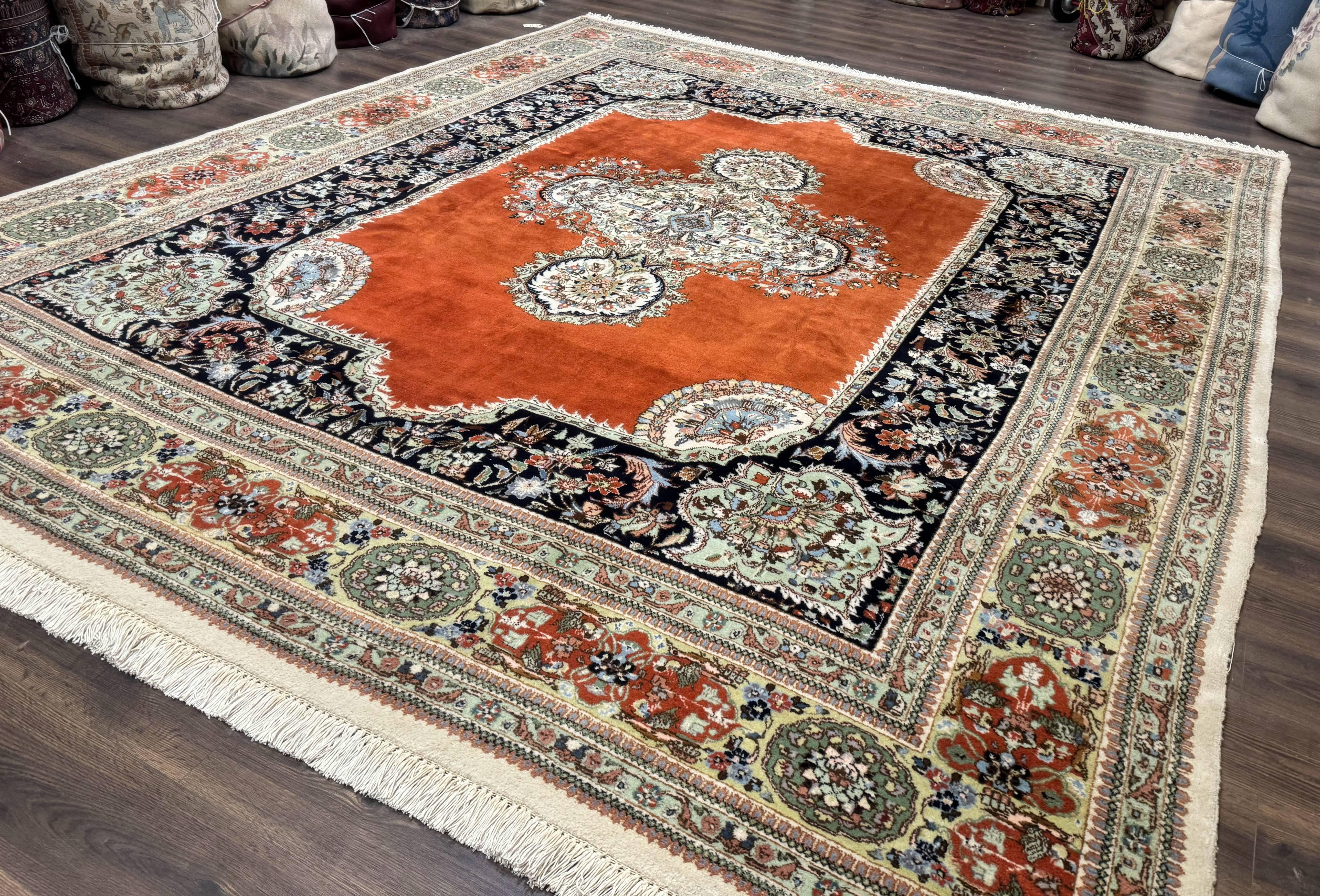 Persian Rug 11x13, Semi Open Field, Soft Wool Pile, Vintage Persian Carpet, Persian Tabriz Tabatabai