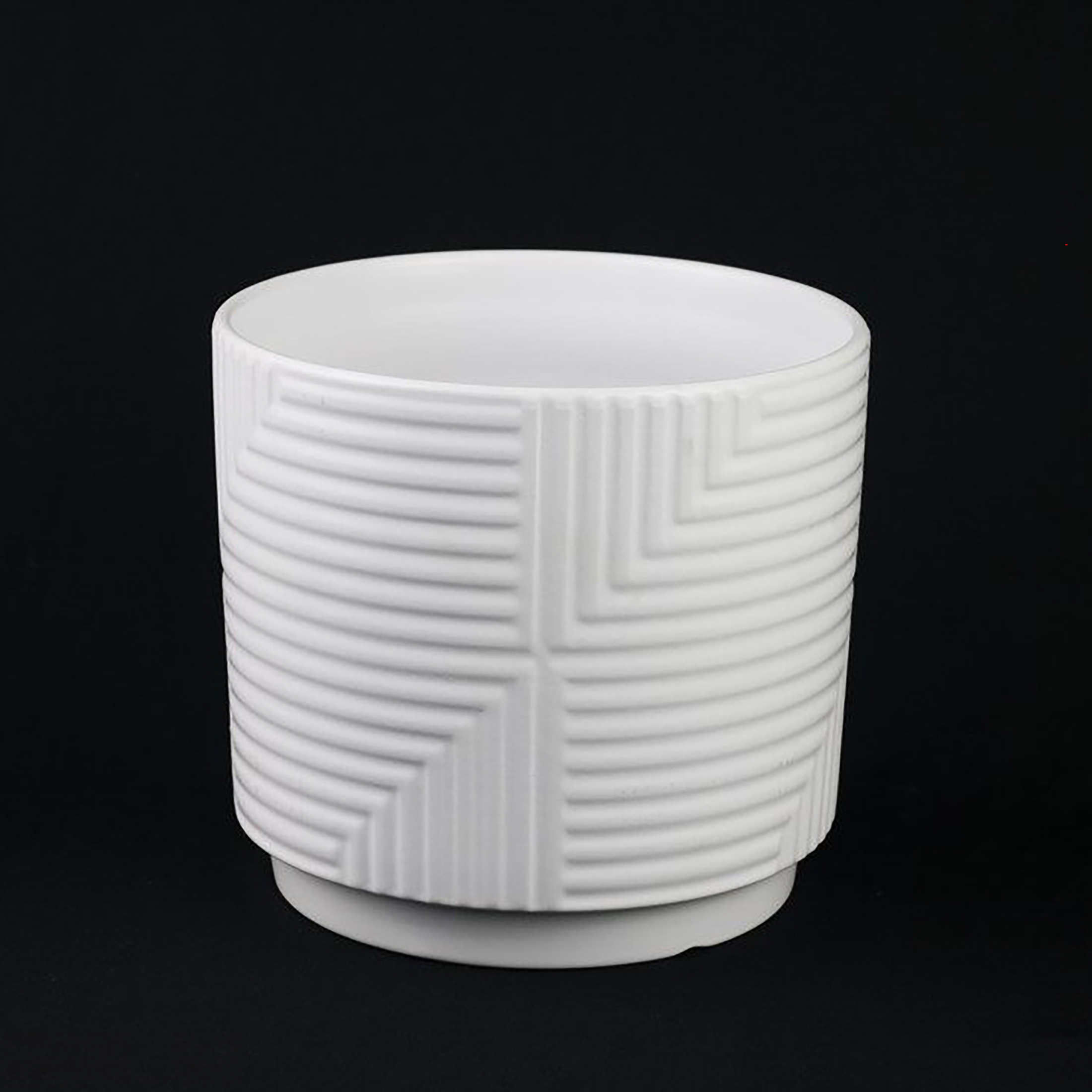 3-Piece White Stoneware Planter Set with Geometric Line Design