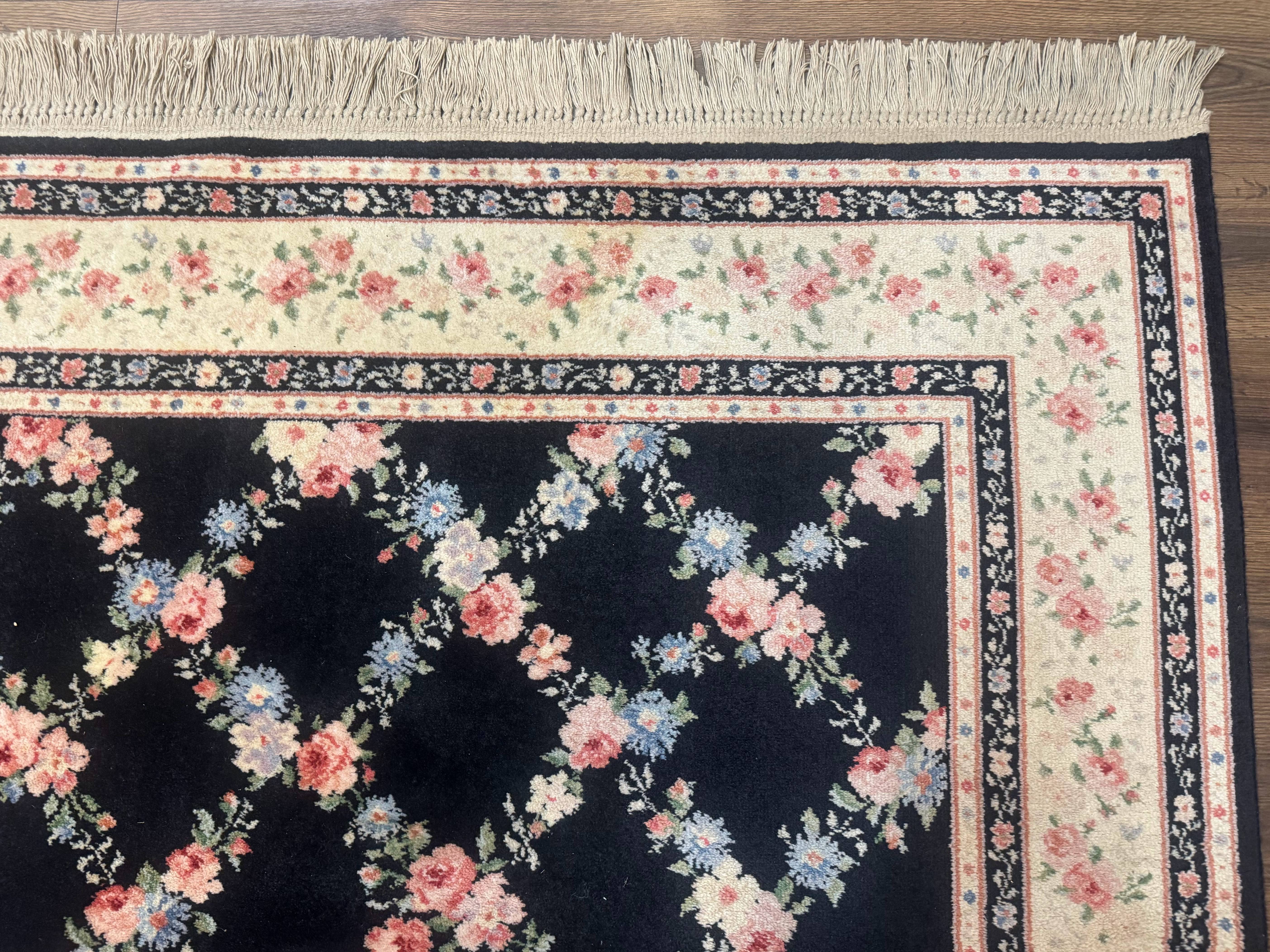 8.8 x 12 Karastan Garden of Eden Rug, Ebony Trellis #509/1270, Black, Floral, Wool Pile, Vintage, Discontinued