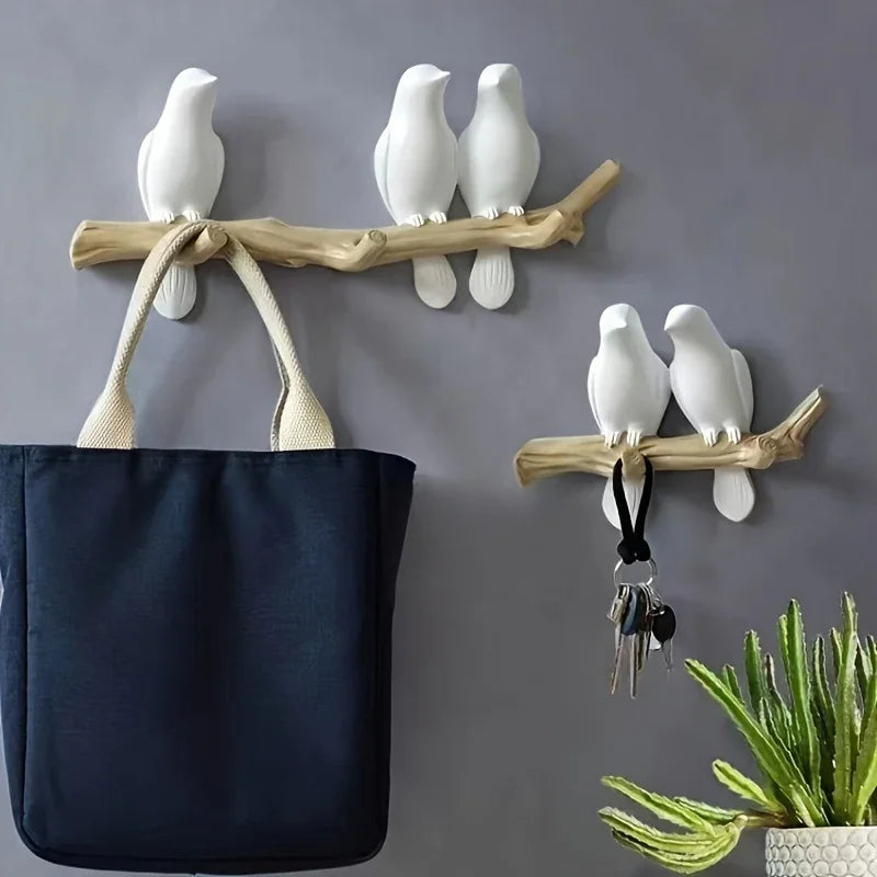 1pc Nordic Bird Design Wall Hook - Stylish Resin Key & Coat Organizer for Entryway, Decorative White Birds on Natural Wood Branch, Modern Home Decor Storage Solution, Bird Decor