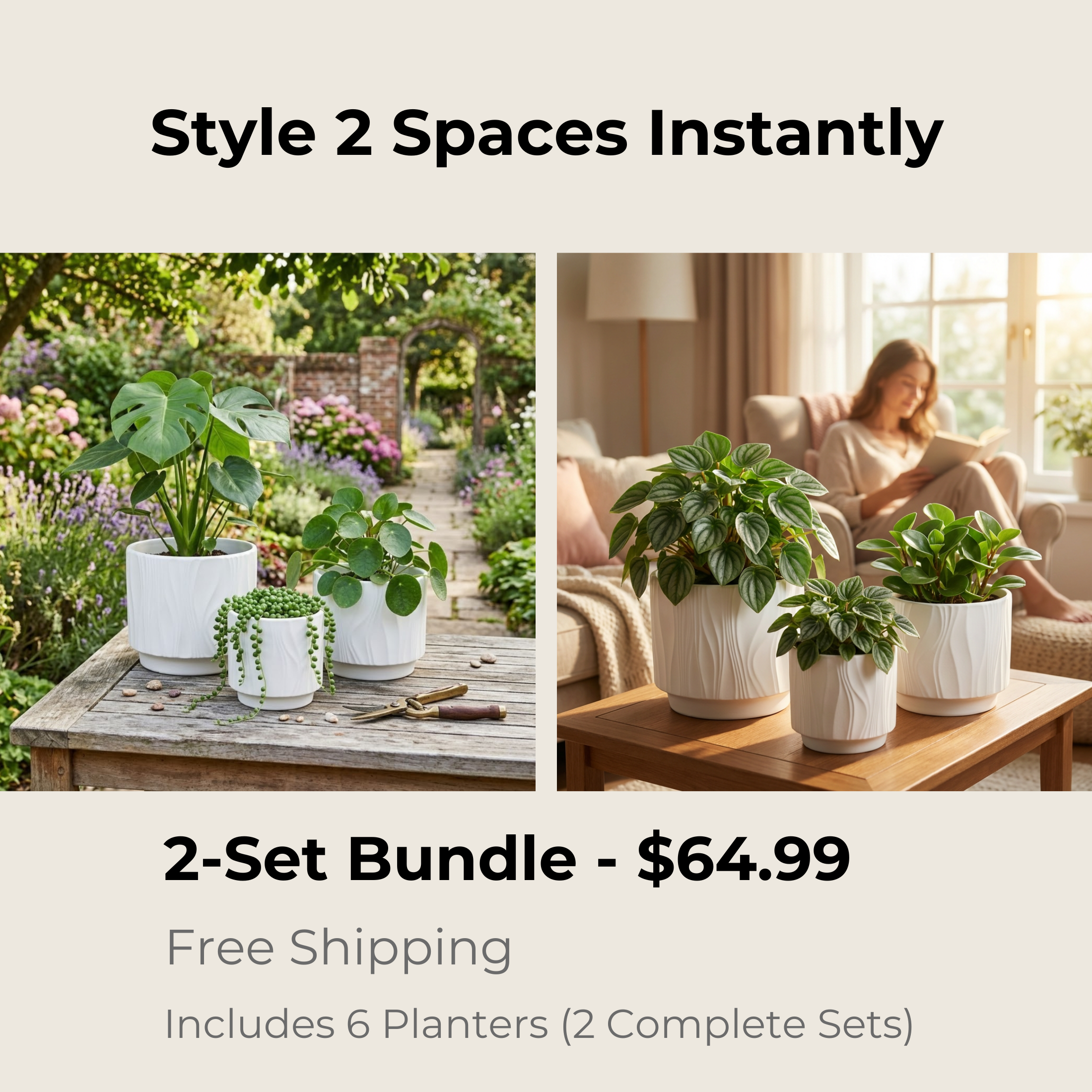 3-Piece White Stoneware Planter Pot Set with Embossed Texture