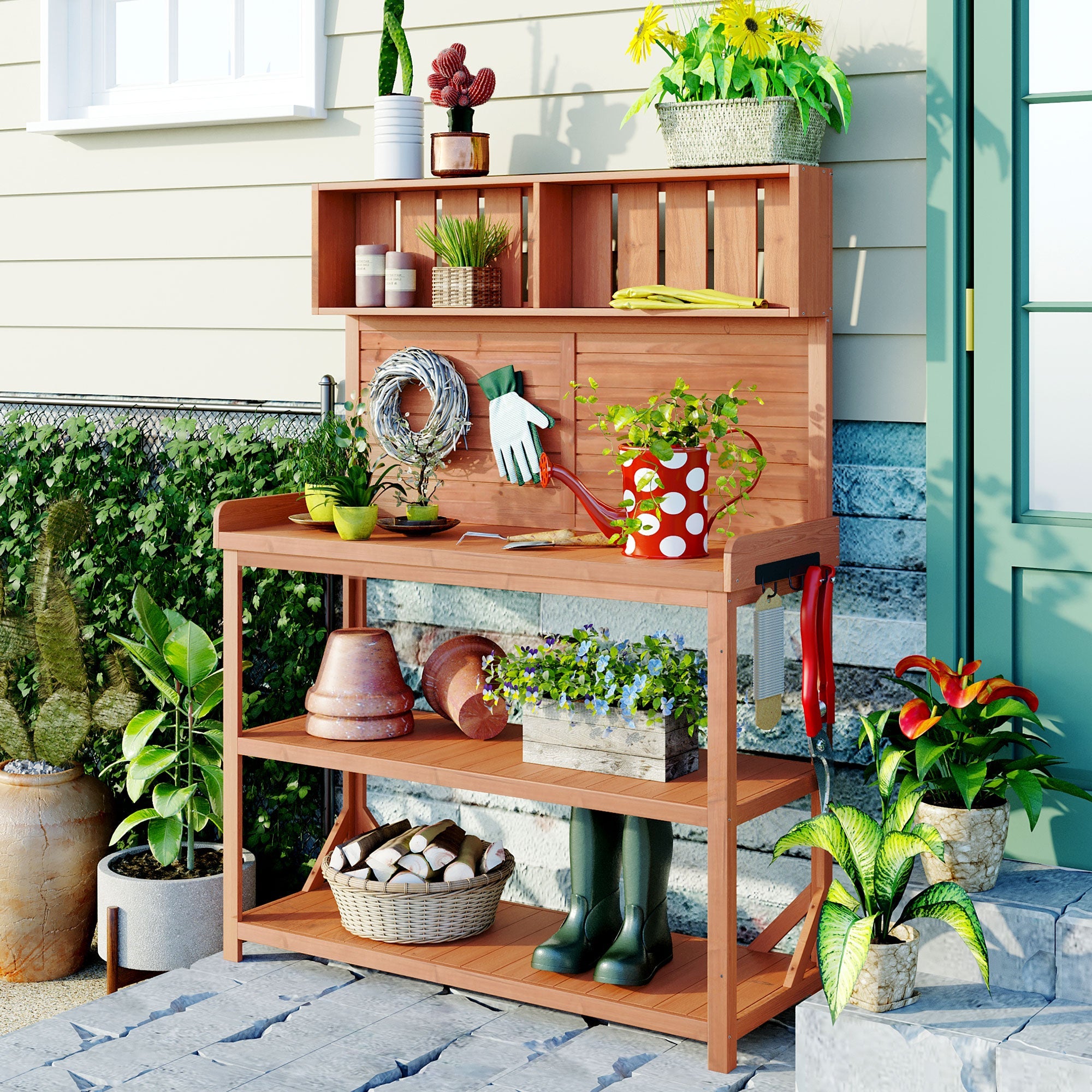 TOPMAX 65" Large Wooden Farmhouse Rustic Outdoor Potting Bench