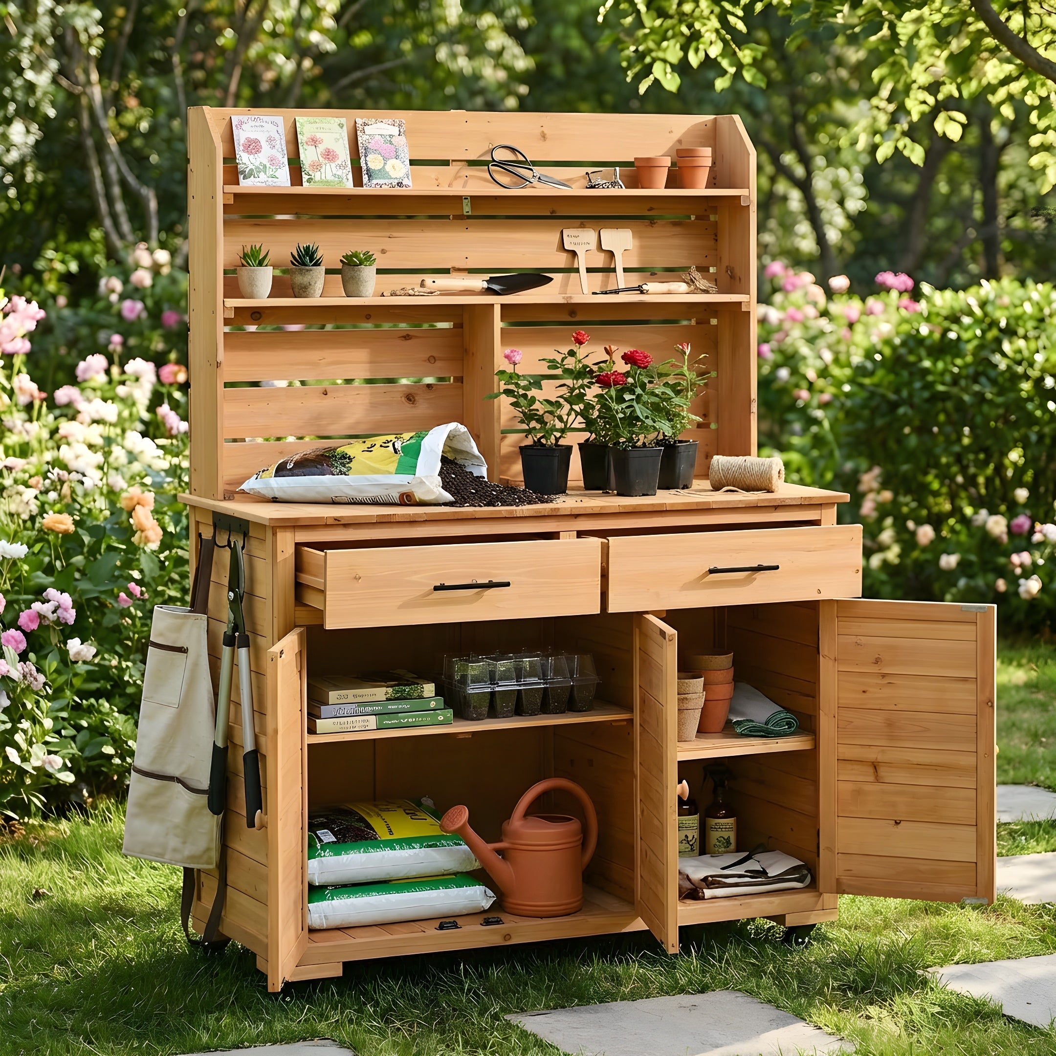 TOPMAX 65''H Large Garden Potting Bench with Lockable Wheel