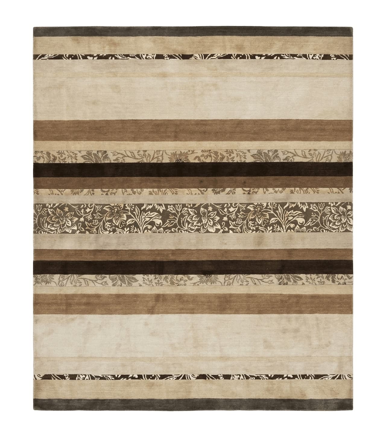Modern Tibetan Nepali Rug 8x12, Stripe Pattern, Wool with Silk Highlights, Handmade, Beige Tan Brown
