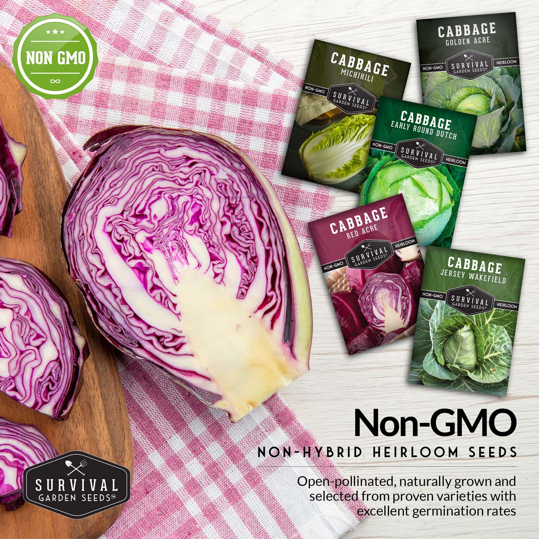 5-Variety Heirloom Cabbage Seed Collection – Non-GMO Green, Red & Napa Cabbages for Spring and Fall Gardens
