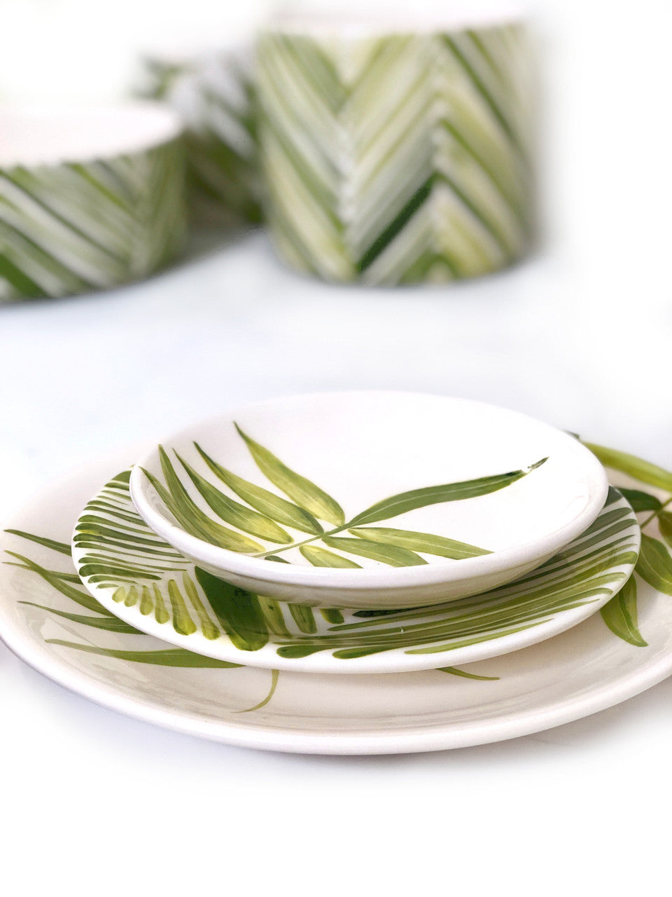Tall Serving Bowl - Green Palm Leaves