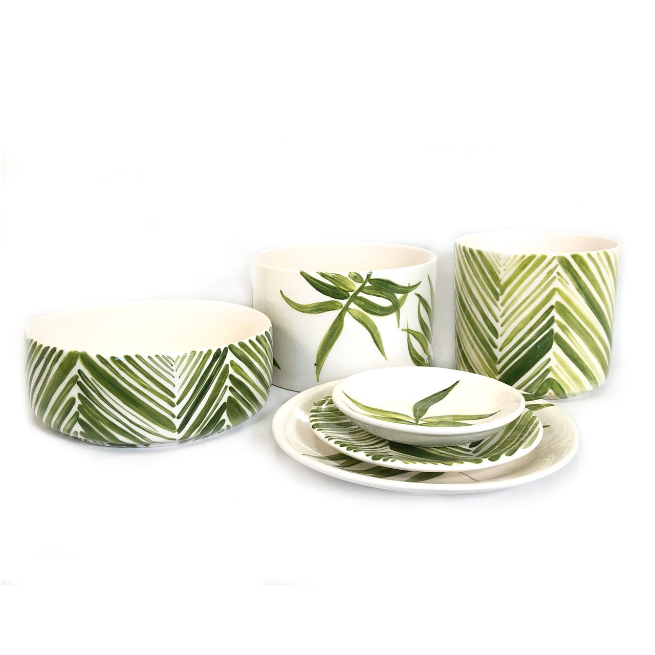 Tall Serving Bowl - Green Palm Leaves