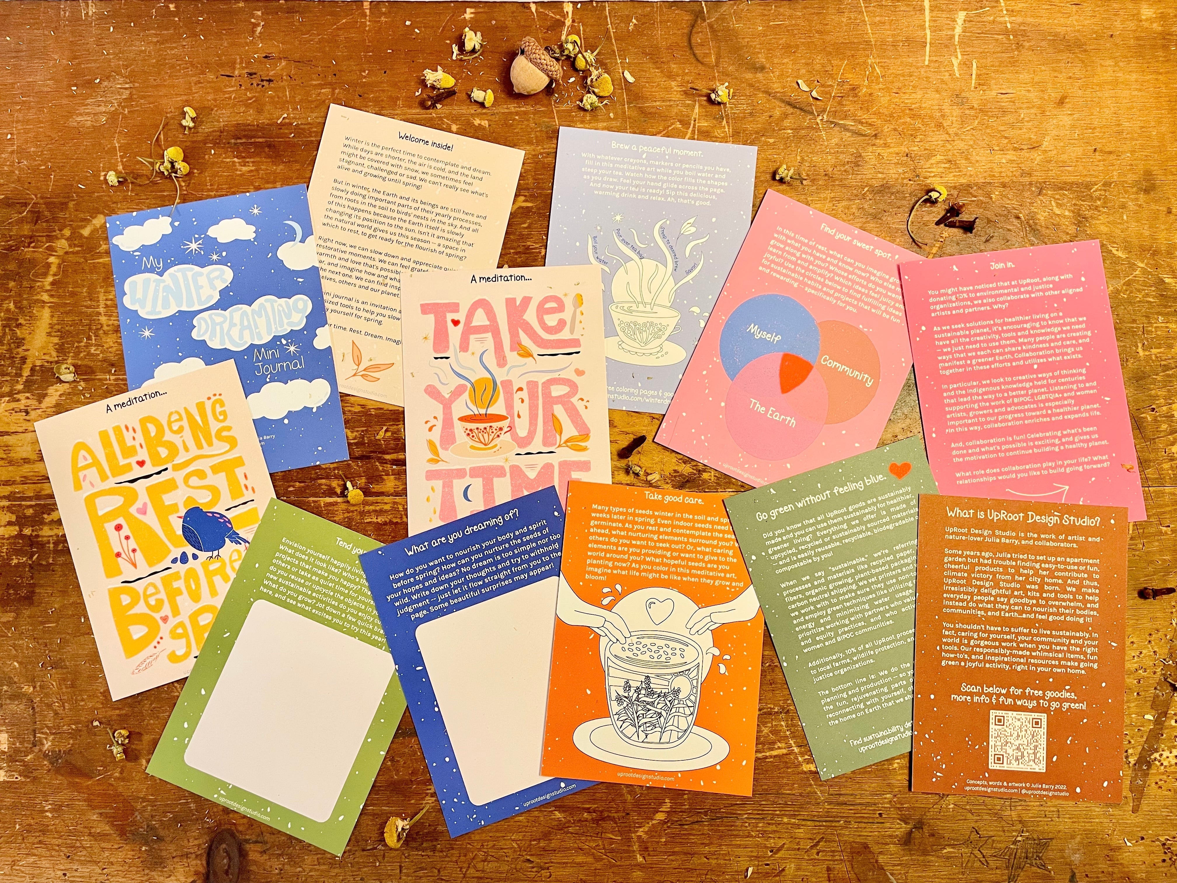 "Homey Hideaway" Gift Box: Floral Tea, Honey, Candle, Cards, Sticker, Meditations, Mini Journal, Embroidery Kit (Winter Dreaming)