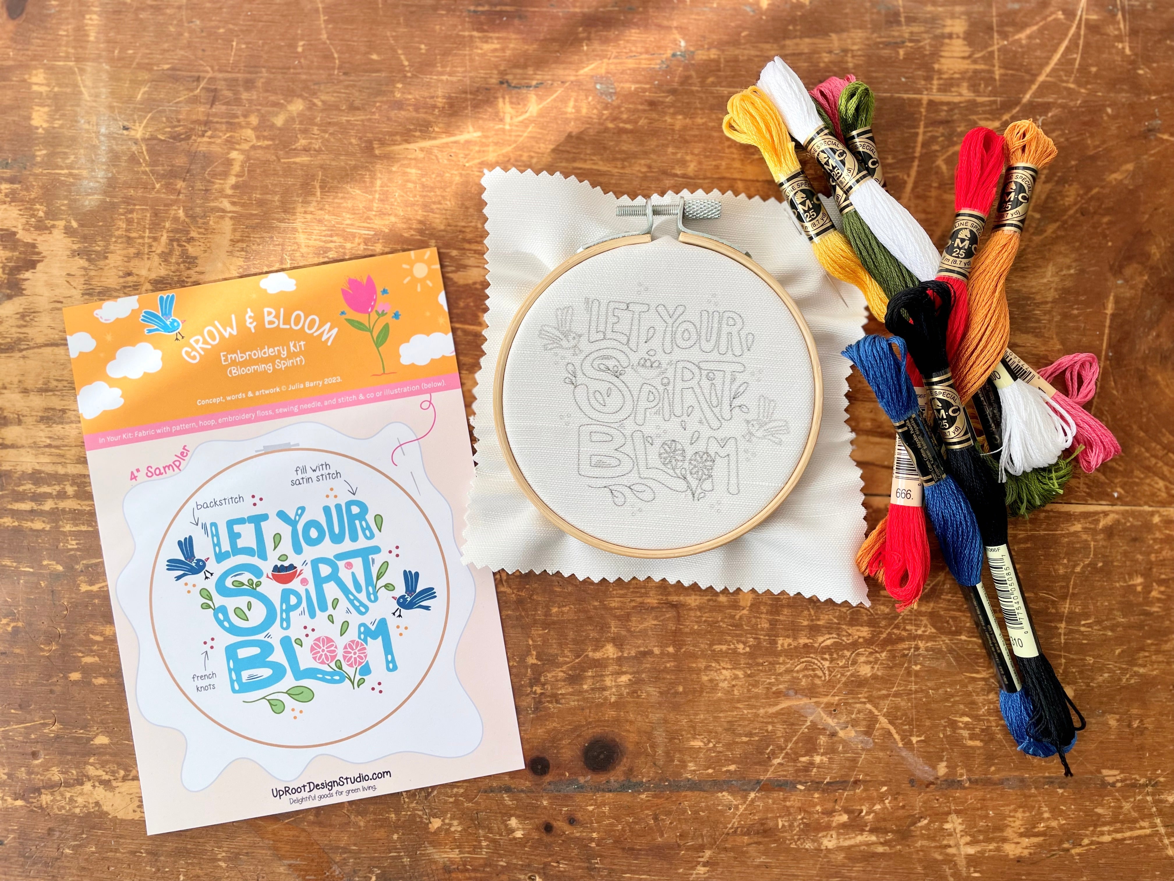 "Let Your Spirit Bloom" Eco-Embroidery Kit w. Birds & Tulips 4" Sampler (Joyful Threads Grow & Bloom)