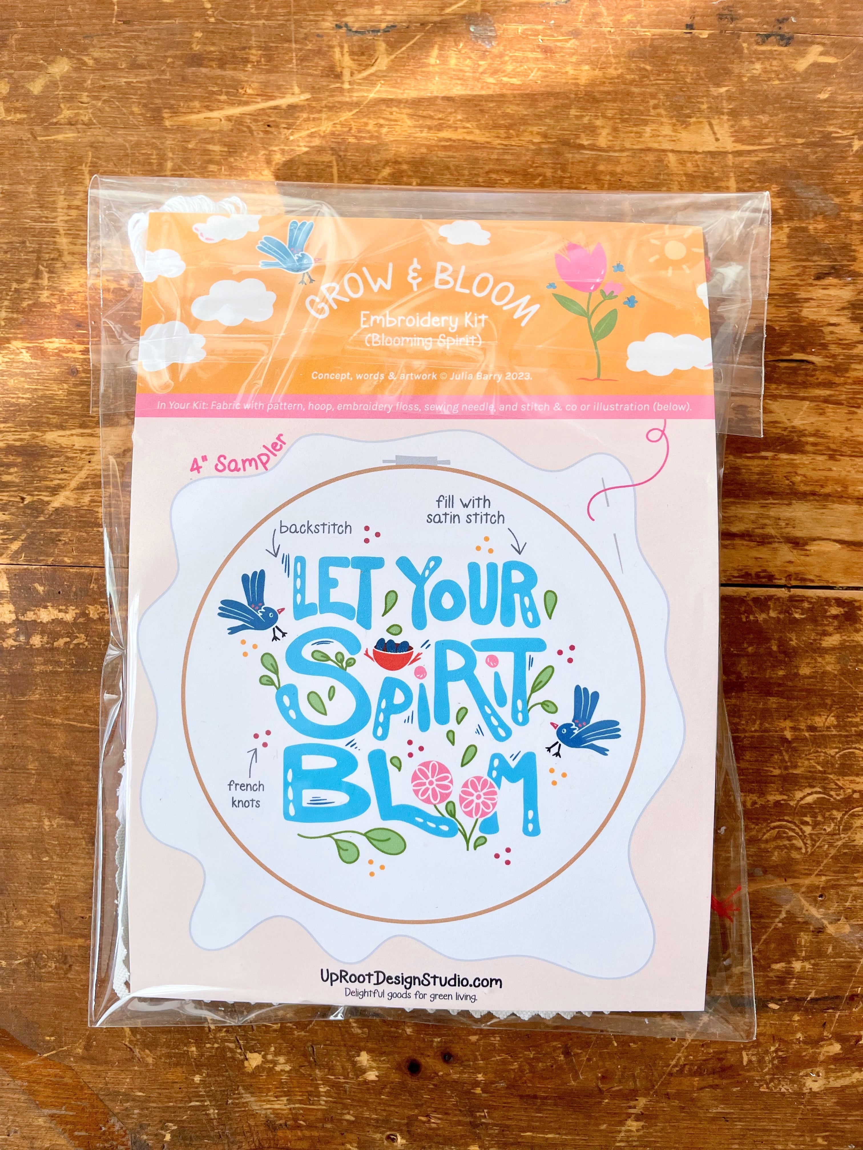 "Let Your Spirit Bloom" Eco-Embroidery Kit w. Birds & Tulips 4" Sampler (Joyful Threads Grow & Bloom)
