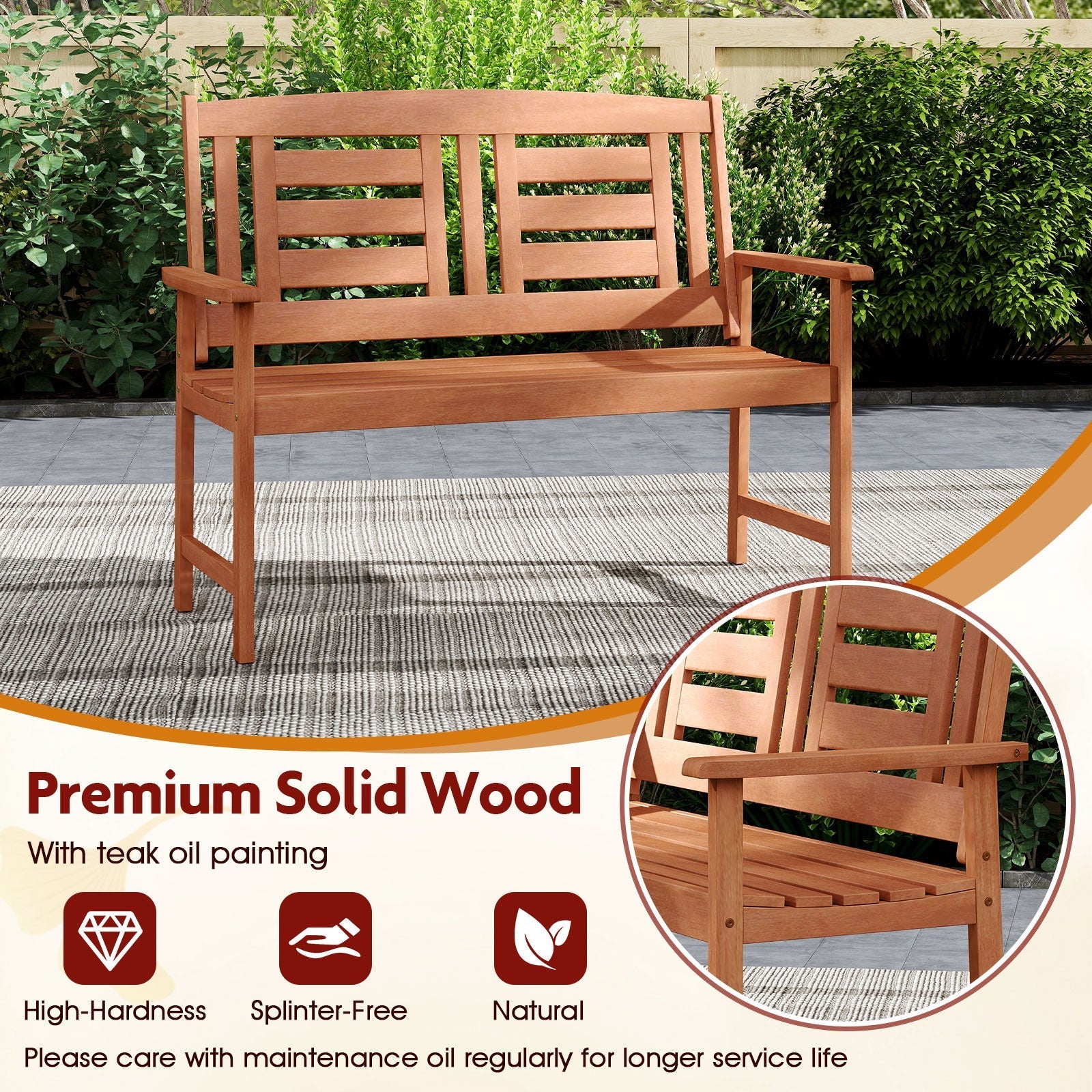 Outdoor Solid Wood Loveseat Hardwood 2-Seat Bench with Inclined Backrest and Slatted Seat
