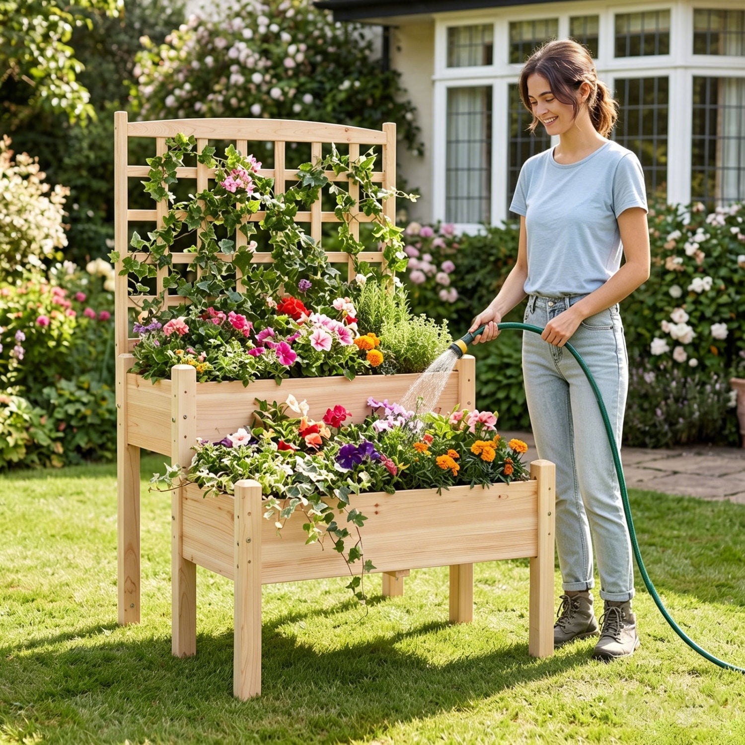 2-Tier Raised Garden Bed with Trellis for Climbing Plants