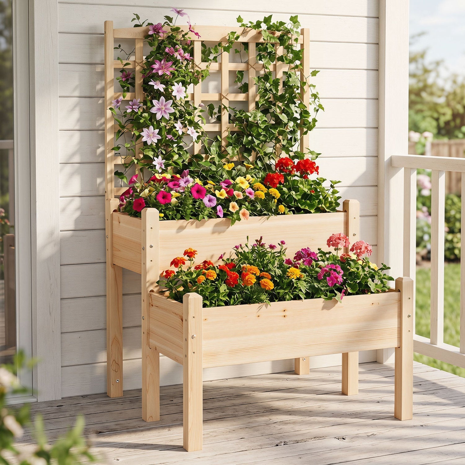 2-Tier Raised Garden Bed with Trellis for Climbing Plants