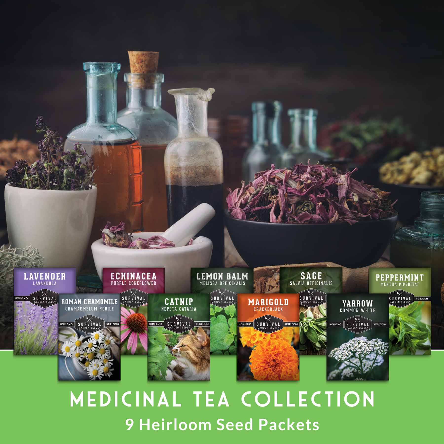 Medicinal Tea Herb Seeds Collection – 9 Heirloom Non-GMO Herbs for Calming Teas, Wellness & Home Apothecary Gardens (Chamomile, Lavender, Peppermint, Sage & More)