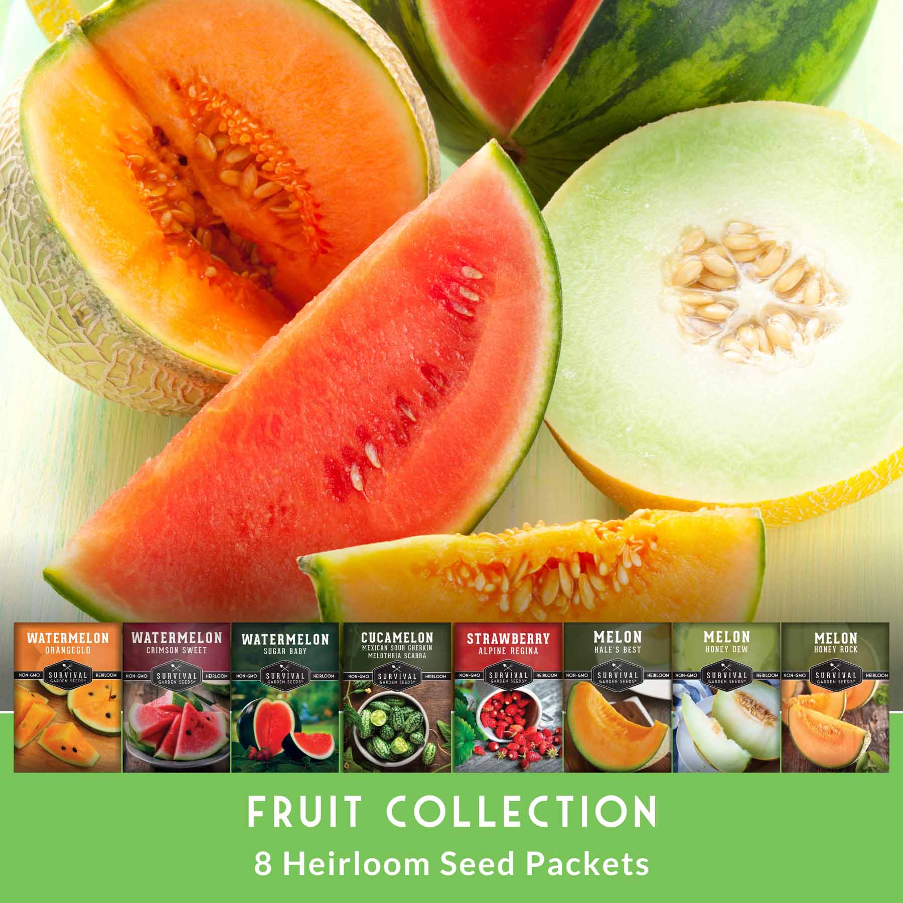 8-Variety Heirloom Fruit Seed Collection – Non-GMO Strawberry, Melon & Watermelon Seeds for Home Gardens