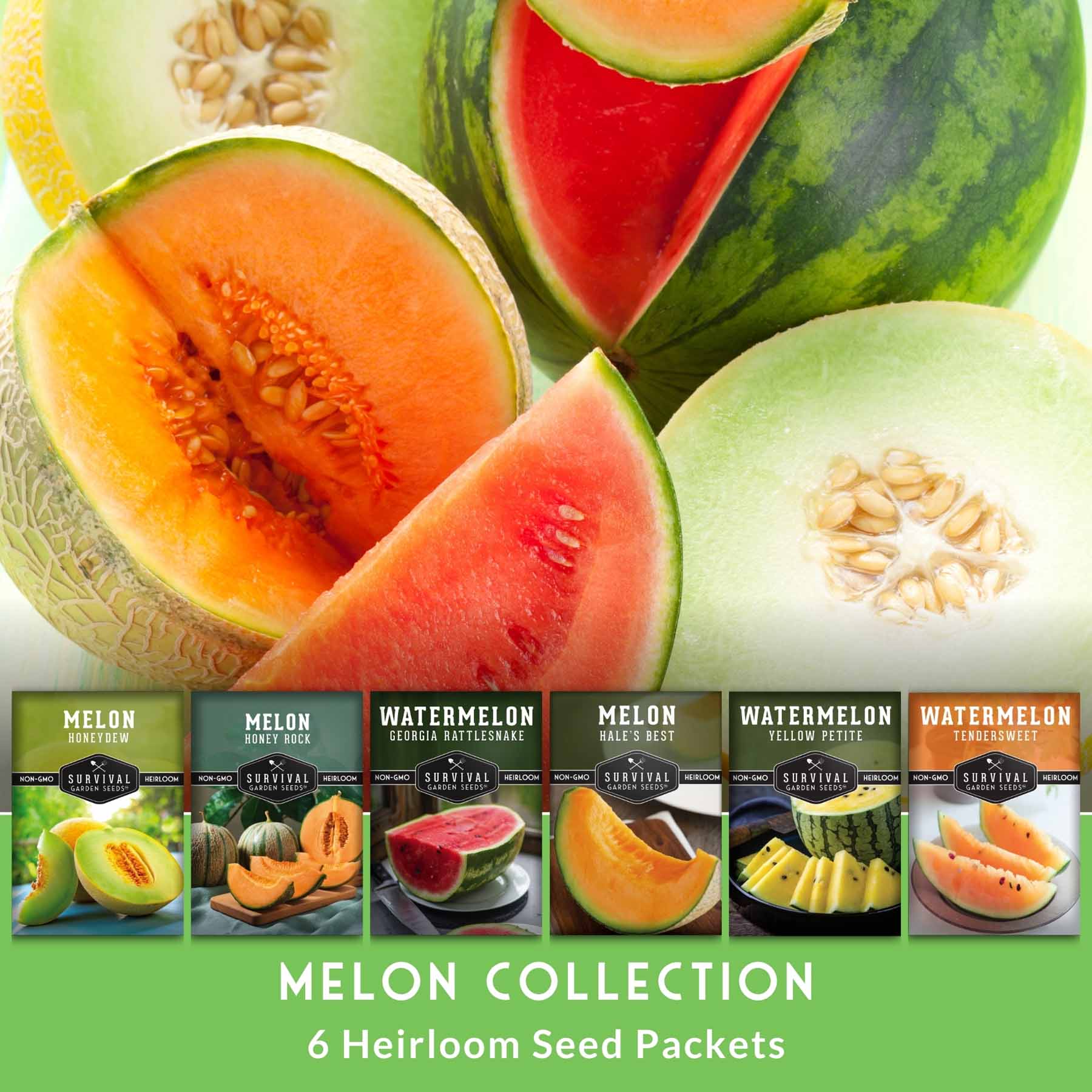 Melon Seed Collection – 6 Heirloom Varieties of Watermelon, Cantaloupe & Honeydew for High-Yield Summer Gardens