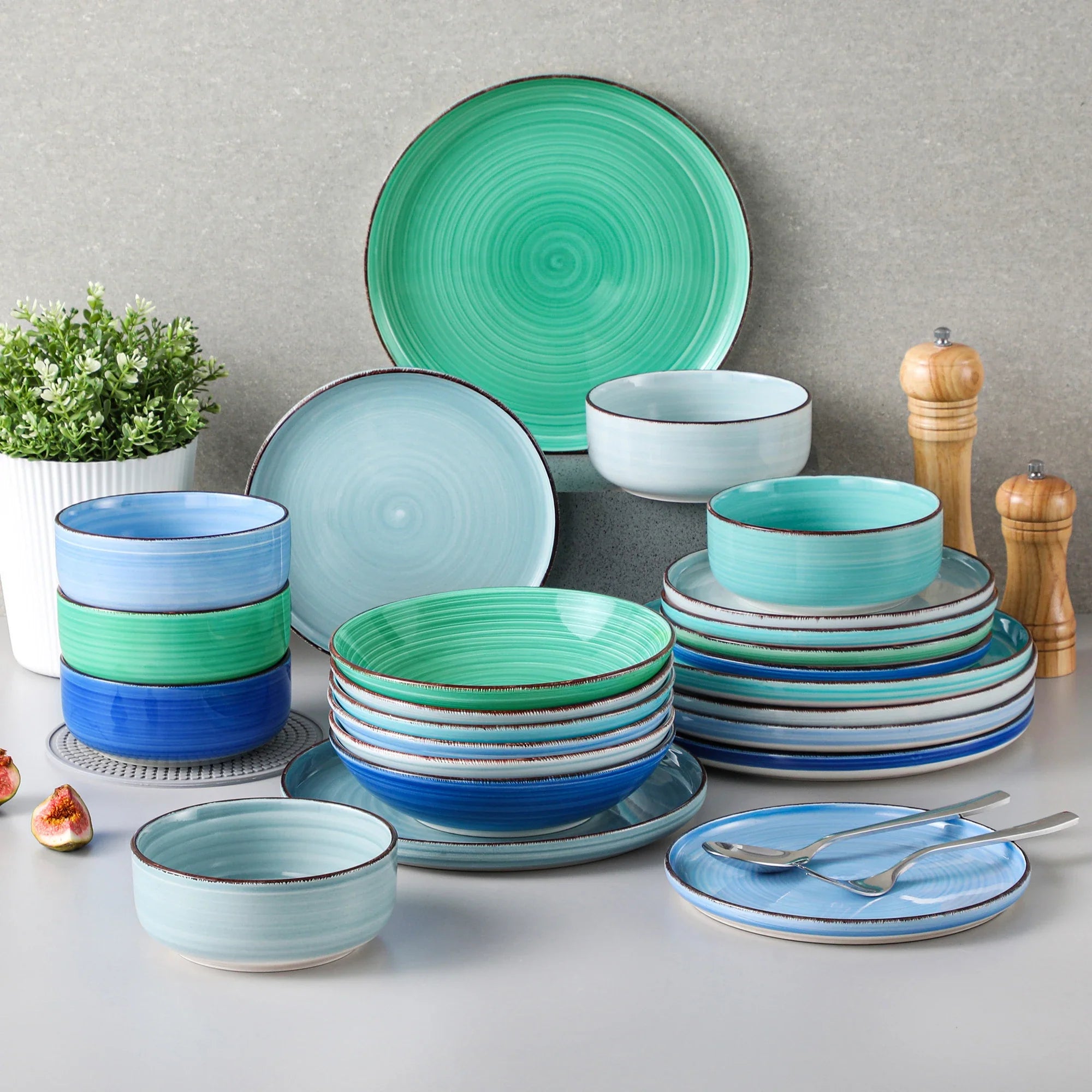 MALACASA Ceramic Dinnerware Set Handpainted Spiral Pattern