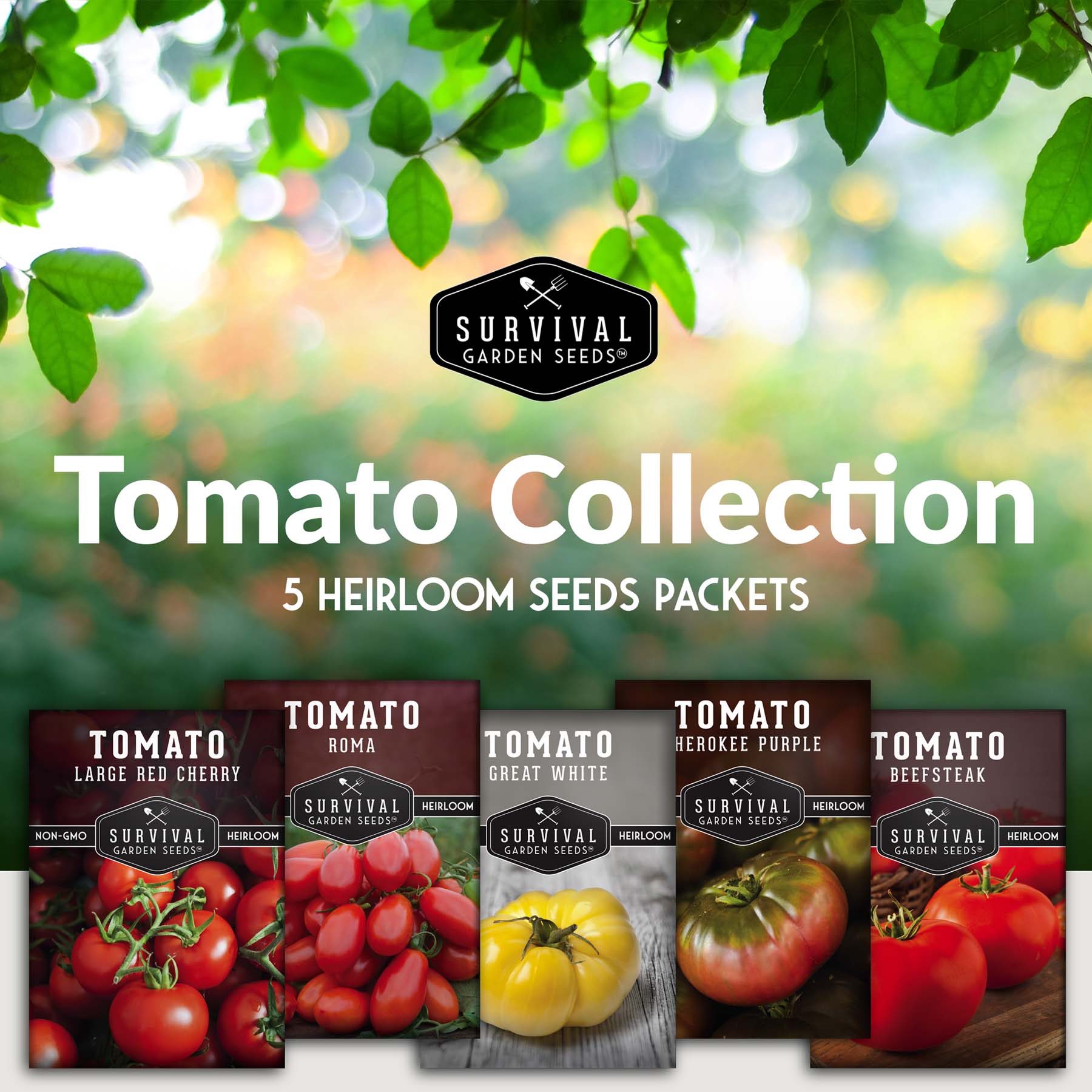 5 Tomato Collection - Cherokee Purple, Roma, Large Red Cherry, Great White, & Beefsteak