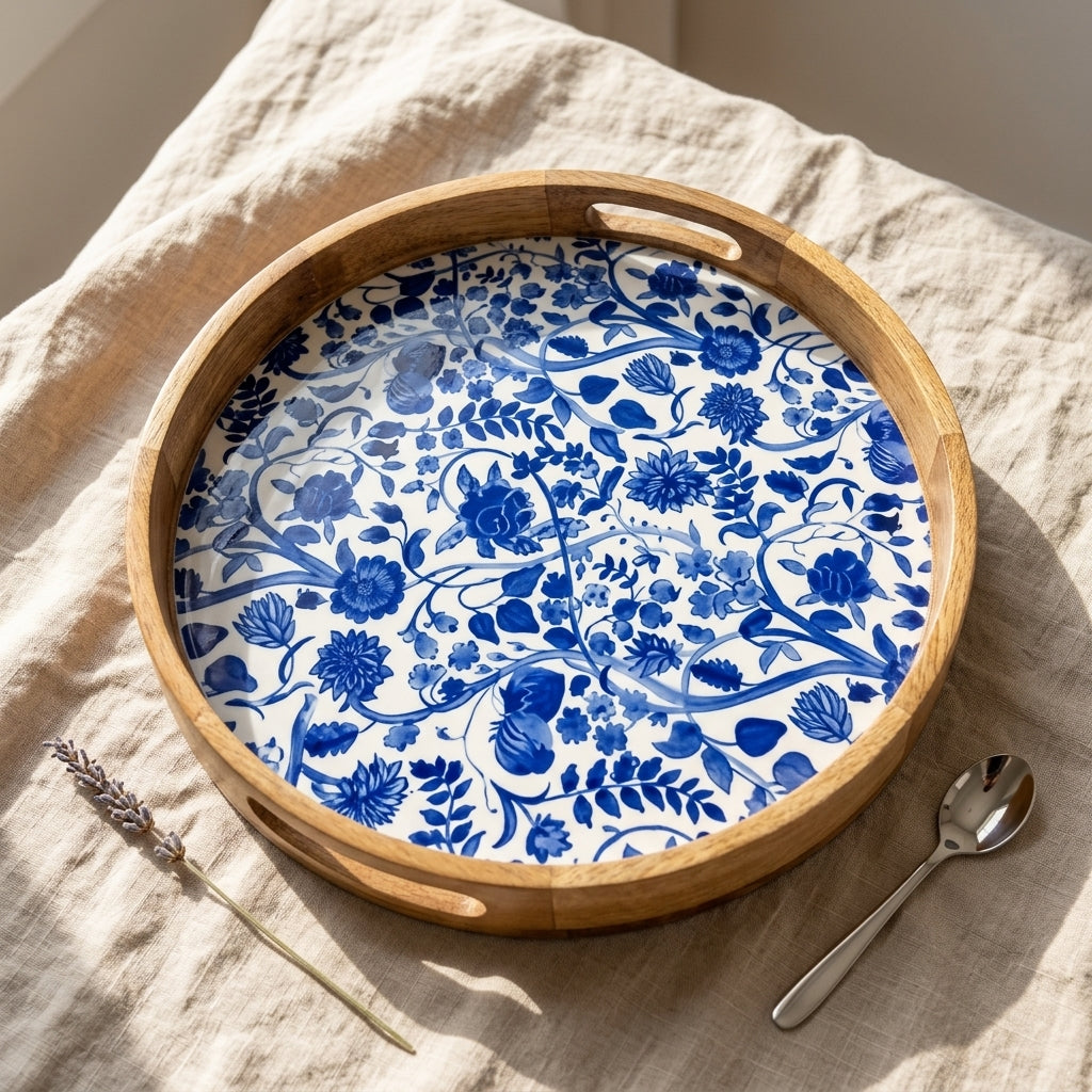 House of Avana Round Blue Mango Wood Serving Tray
