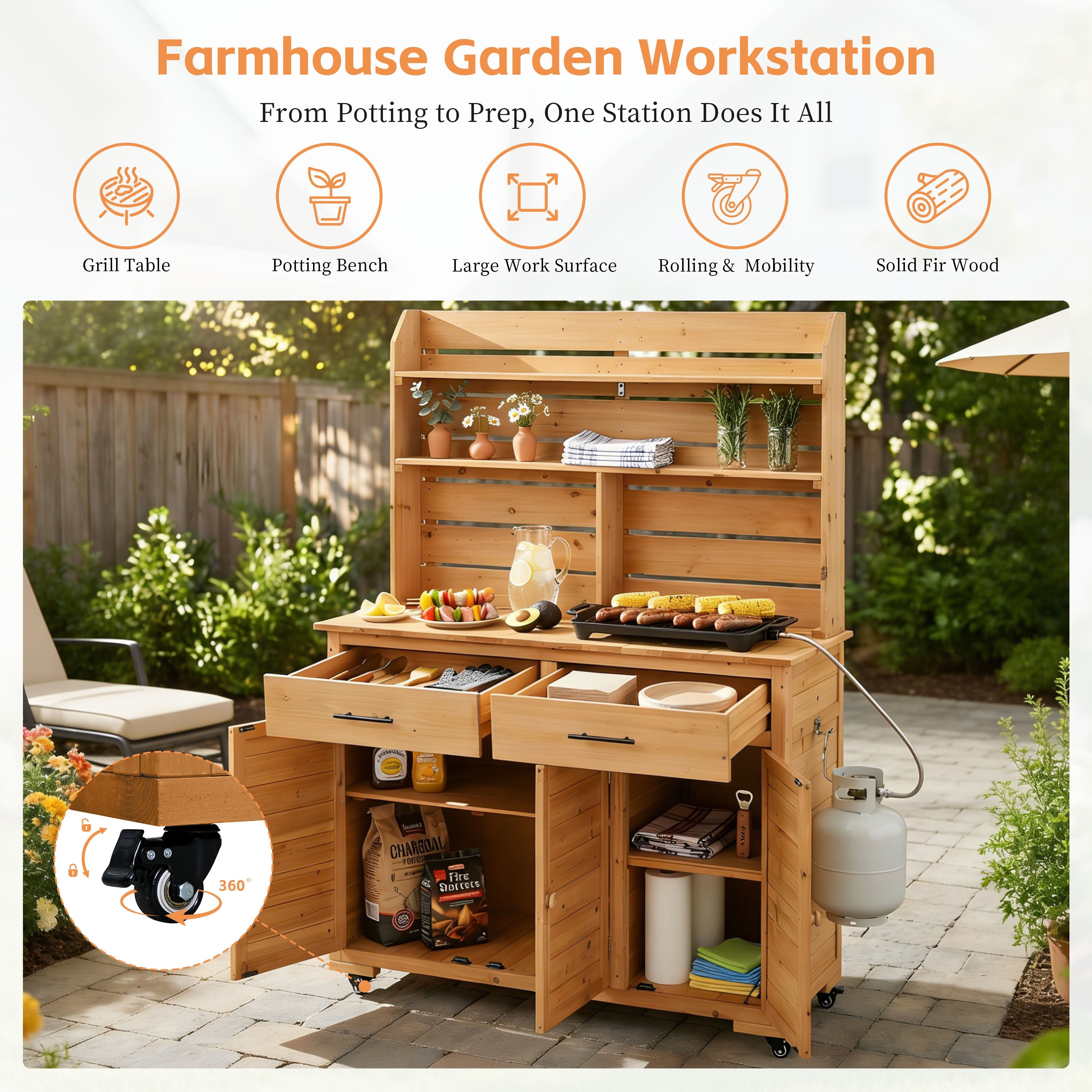 TOPMAX 65''H Large Garden Potting Bench with Lockable Wheel