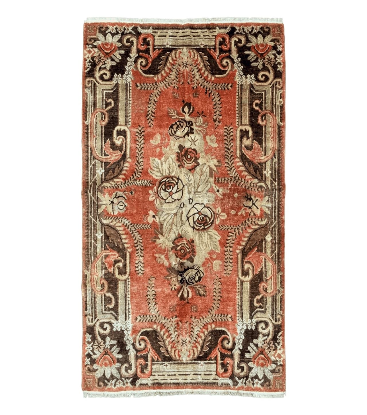 Khotan Rug 5x9, Terracotta and Brown, Floral, Chinese Wool Carpet, Antique Rug