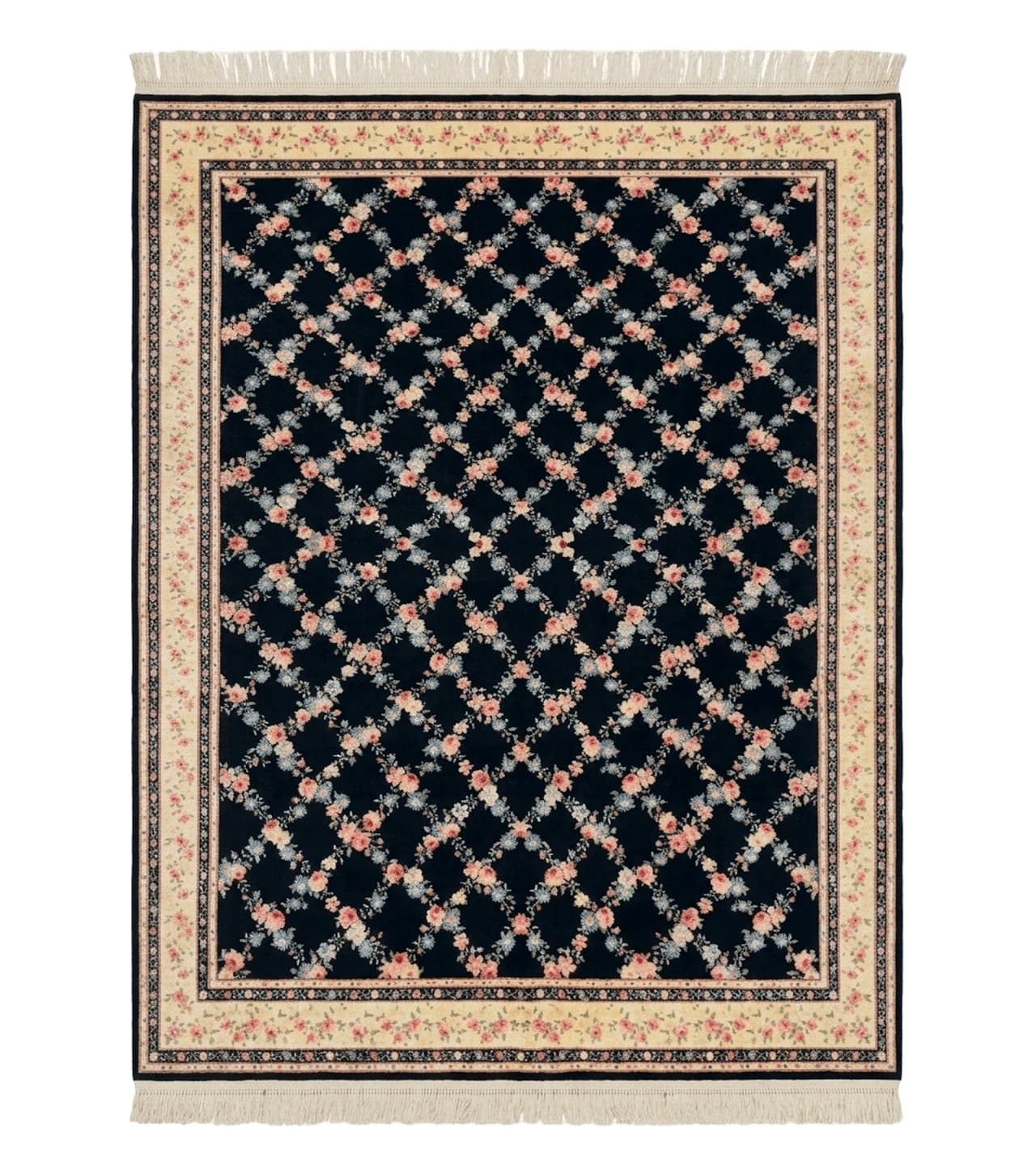 8.8 x 12 Karastan Garden of Eden Rug, Ebony Trellis #509/1270, Black, Floral, Wool Pile, Vintage, Discontinued