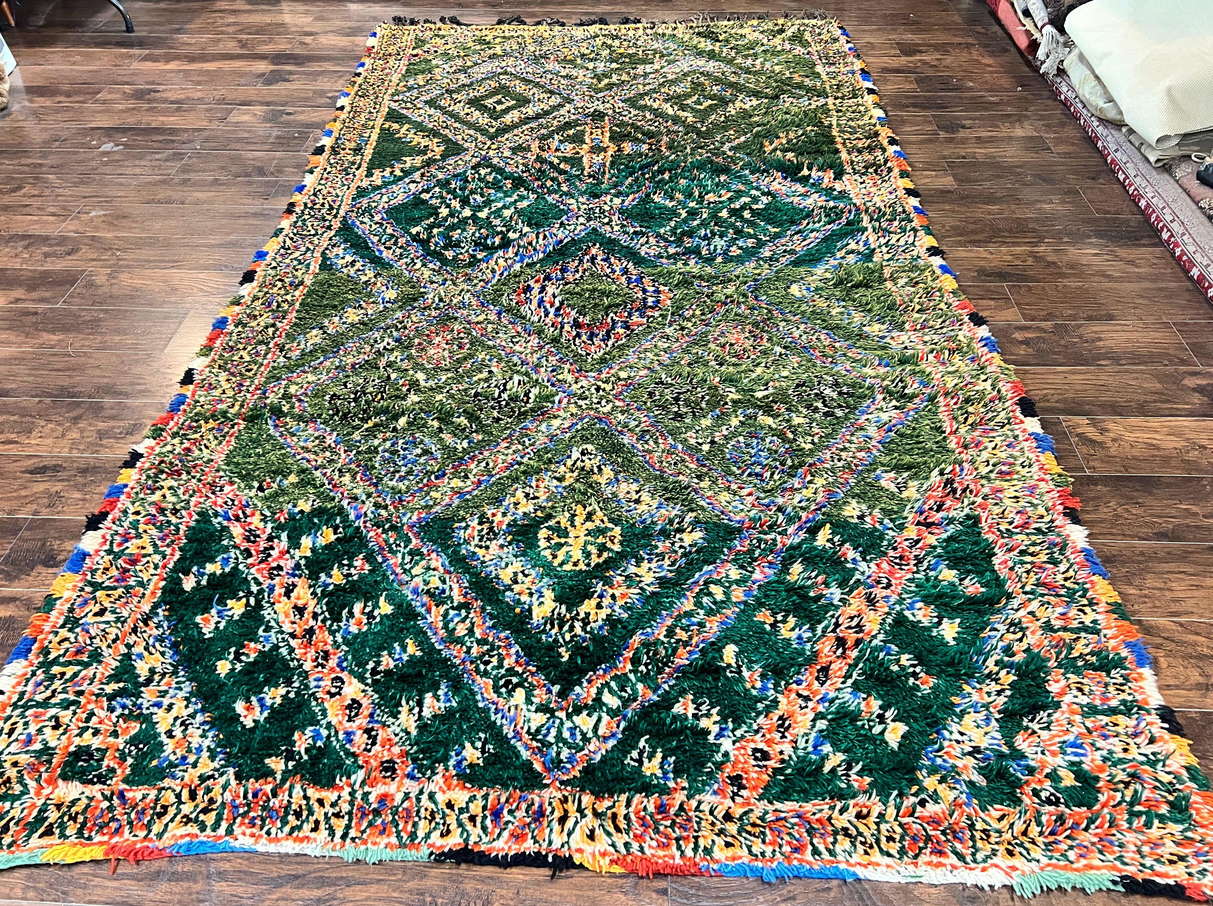 Large Moroccan Shag Rug 6x12, Green Multicolor Colorful Boho Rug, Handmade Hand Knotted Wool Carpet, Geometric Design, Vintage Rug