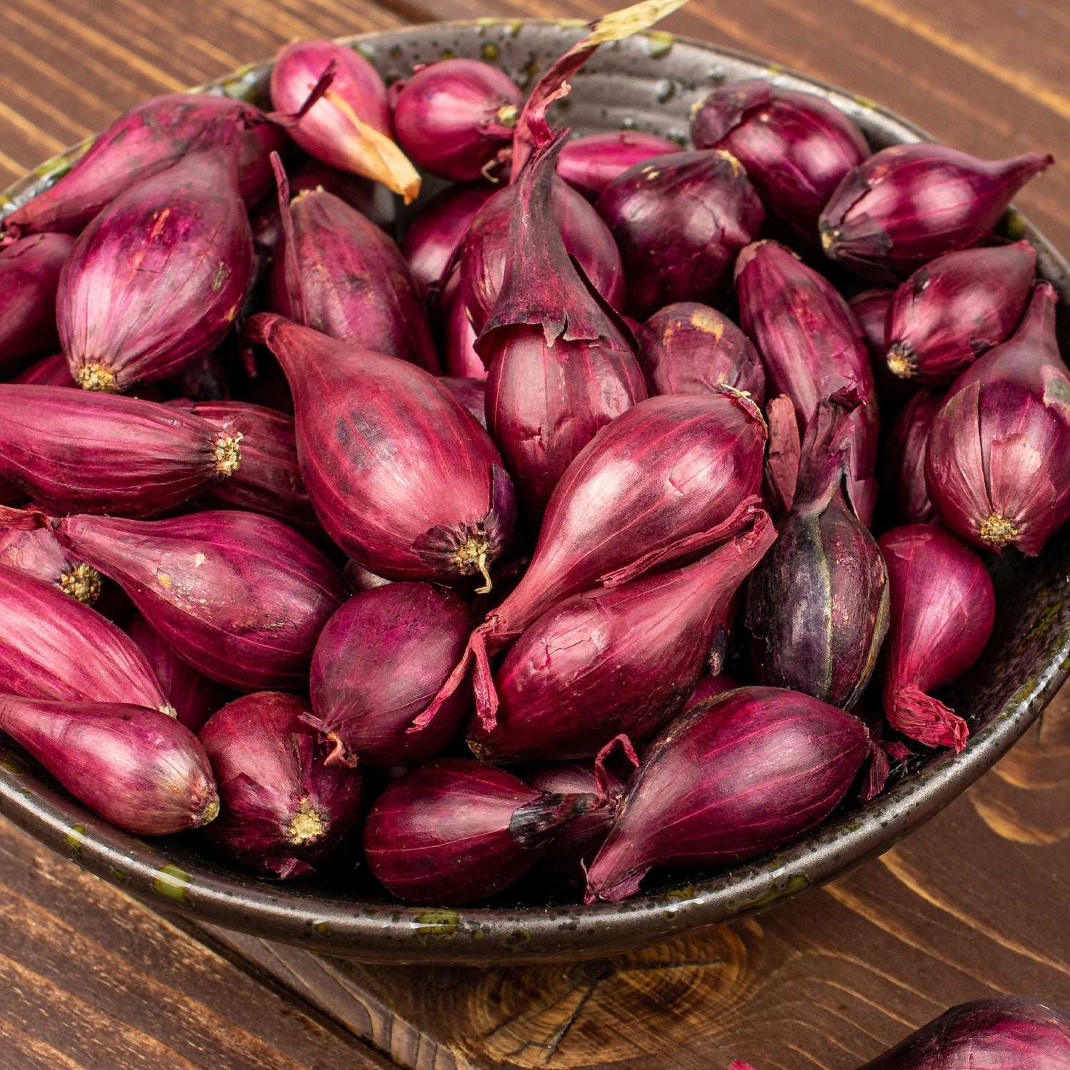 Red onion sets in a bowl, featuring non-GMO Red Baron variety bulbs for planting in gardens