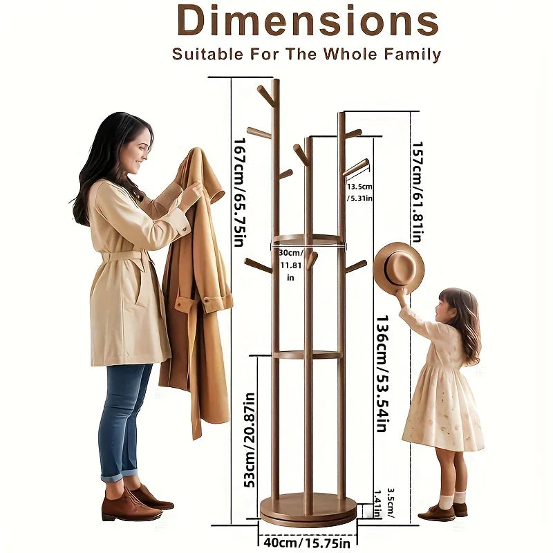 Heavy-Duty Freestanding Clothes Rack with 3-Tier Shelves & 9 Hooks - No Assembly Needed, Space-Saving Organizer Stand for Entryway, Bedroom, Office - Sturdy Hardwood Construction, Modern Minimalist Design for Coats, Hats, Bag