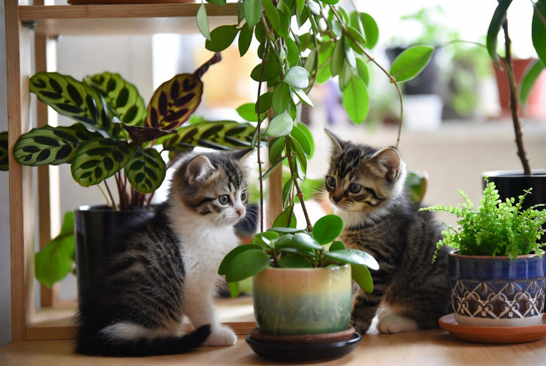 kittens sitting near pet-safe houseplants indoors