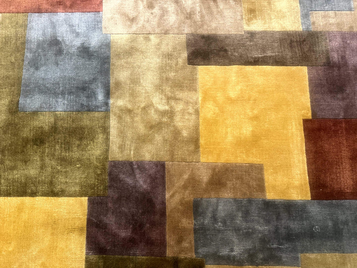 Modern Tibetan Wool Rug 8x10, Multicolor, Thick Pile, Contemporary, Nepali, Handmade