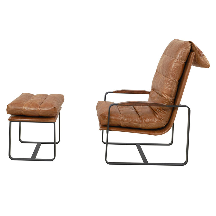 NEW! Prima Classe Rustic Modern Chair and Ottoman Set - Light Brown Leather