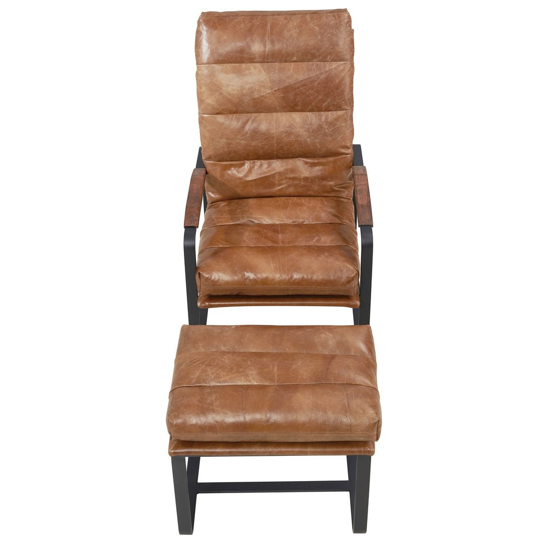 NEW! Prima Classe Rustic Modern Chair and Ottoman Set - Light Brown Leather