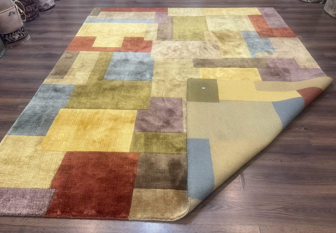 Modern Tibetan Wool Rug 8x10, Multicolor, Thick Pile, Contemporary, Nepali, Handmade