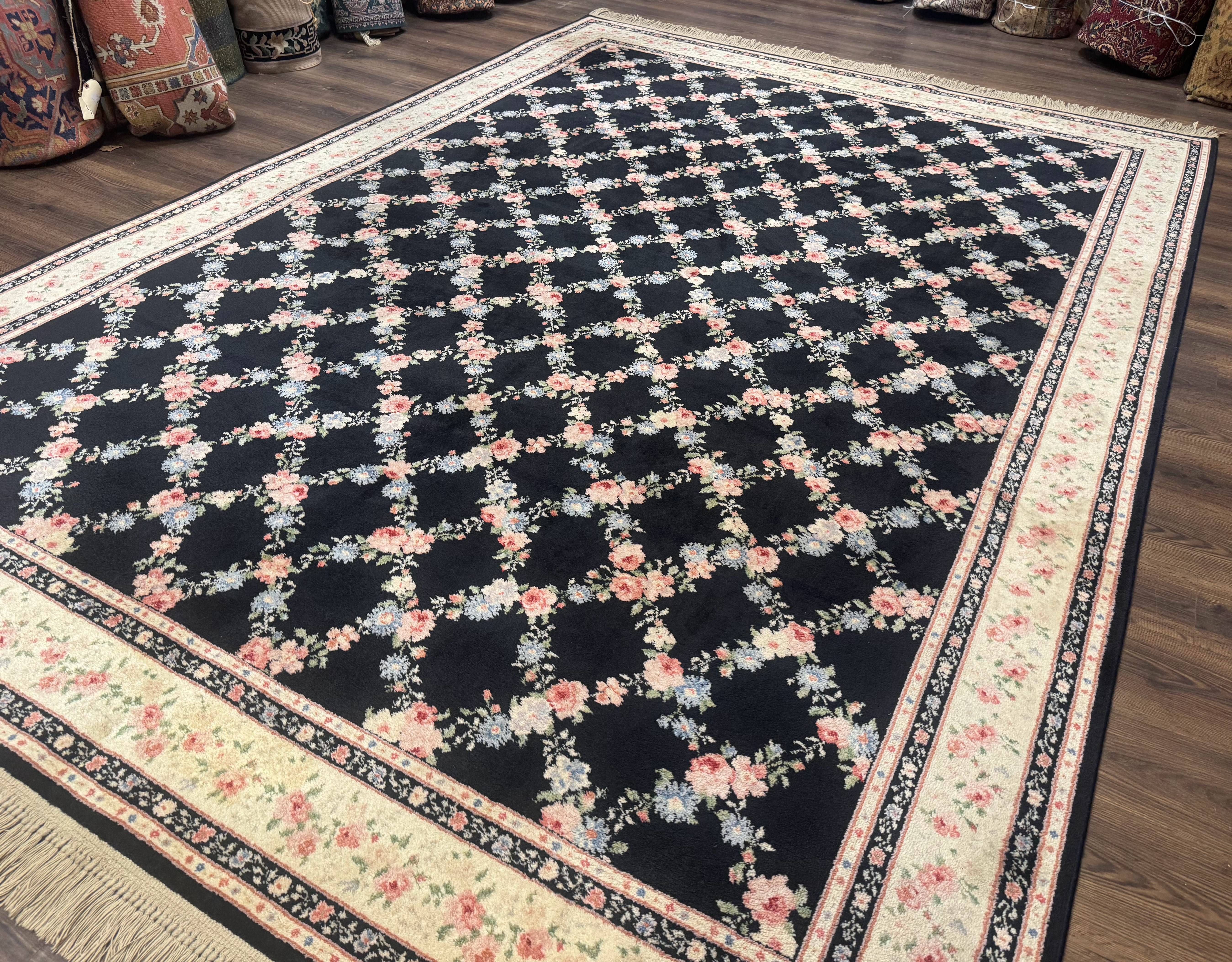 8.8 x 12 Karastan Garden of Eden Rug, Ebony Trellis #509/1270, Black, Floral, Wool Pile, Vintage, Discontinued