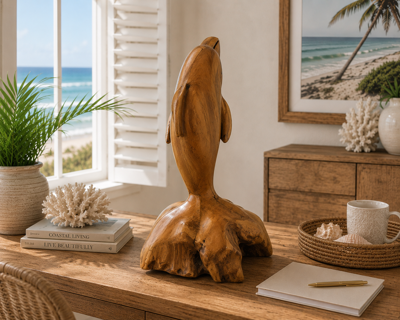 Hand Carved Teak Wood Dolphin Sculpture | Balinese Coastal Decor
