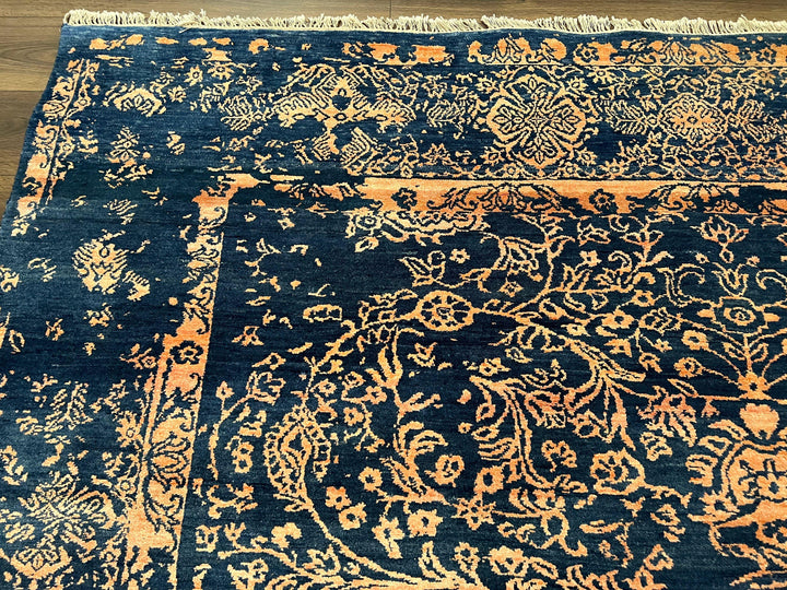 Area Rug 8x10 High Quality Handmade Oriental Carpet, Modern Contemporary Rug, Rug for Living Room, Wool Rug, Blue and Gold, Pakistani Rug