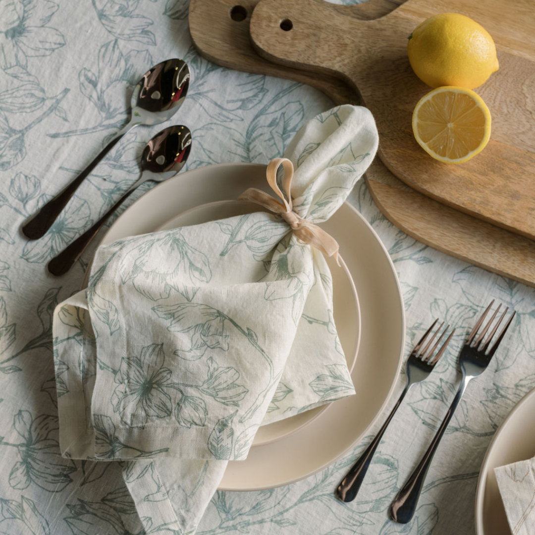 Grey and Green Lilies Linen Tablecloth