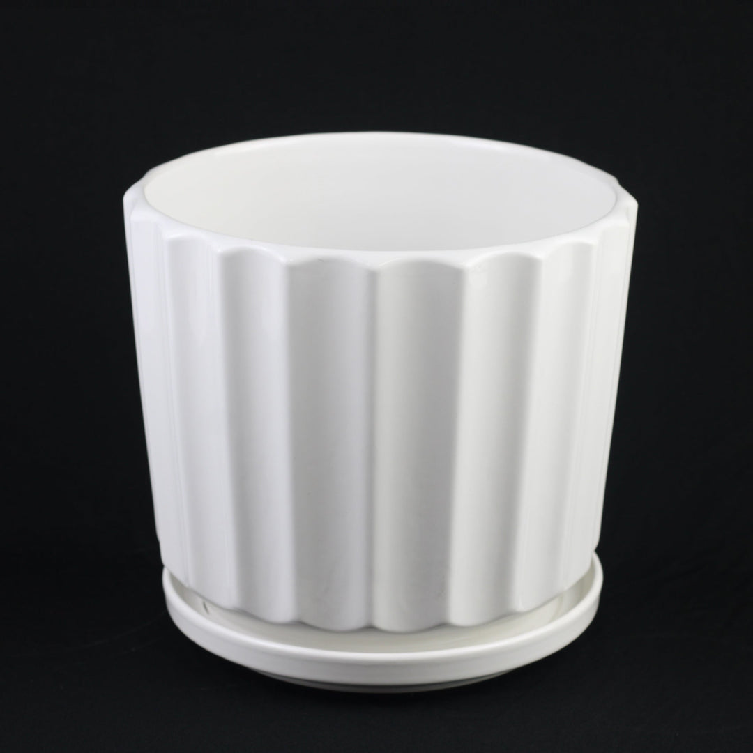 3-Piece White Ceramic Planter Pot Set with Fluted Design &amp; Saucers