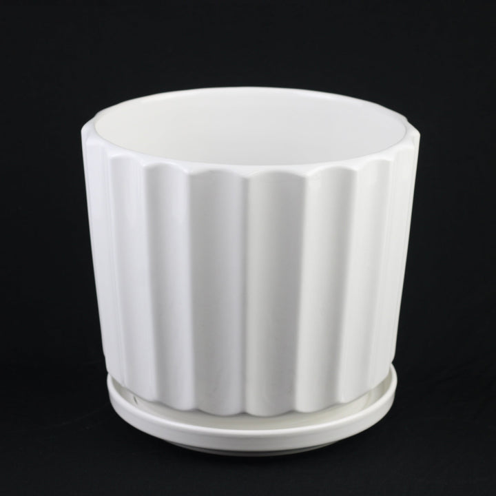 3-Piece White Ceramic Planter Pot Set with Fluted Design &amp; Saucers