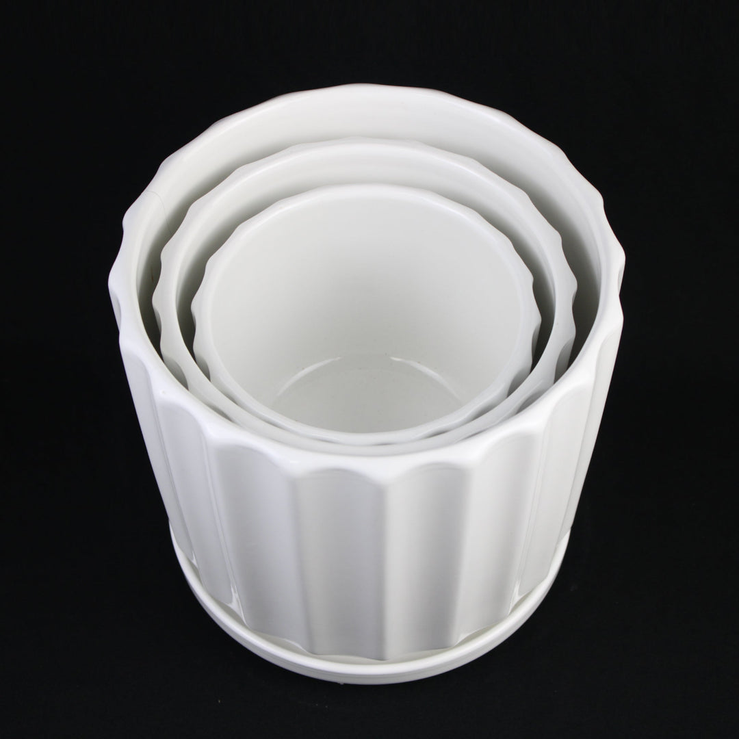3-Piece White Ceramic Planter Pot Set with Fluted Design &amp; Saucers
