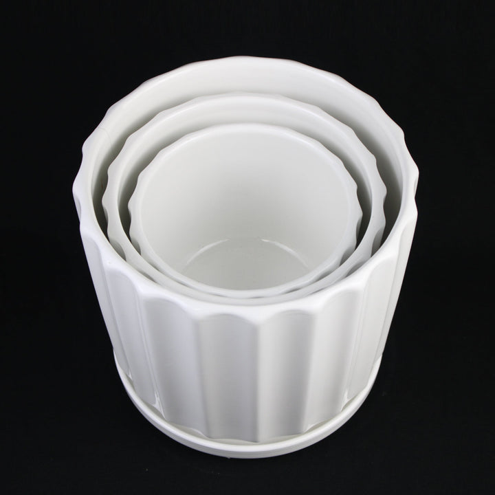 3-Piece White Ceramic Planter Pot Set with Fluted Design &amp; Saucers