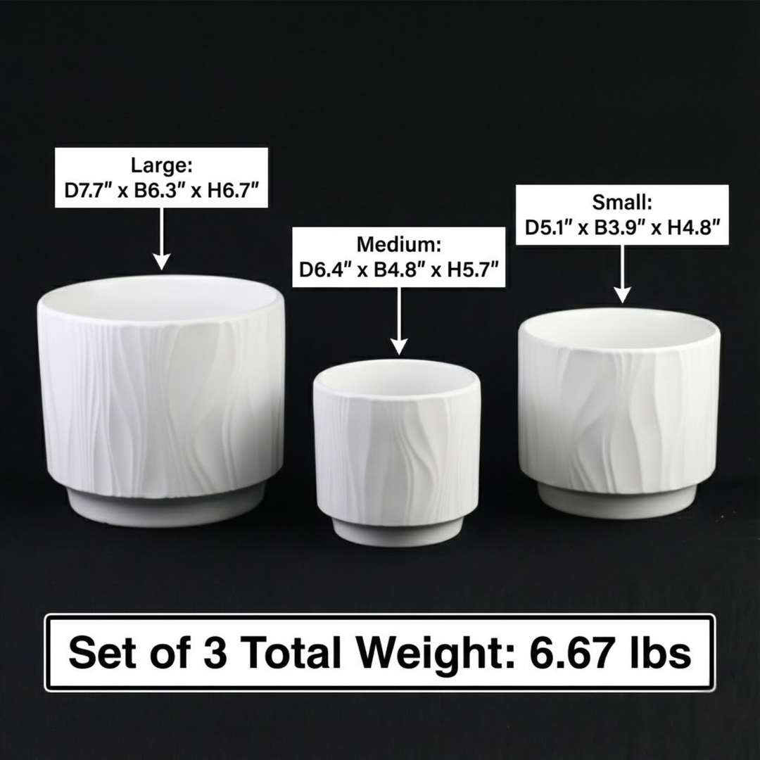 3-Piece White Stoneware Planter Pot Set with Embossed Texture