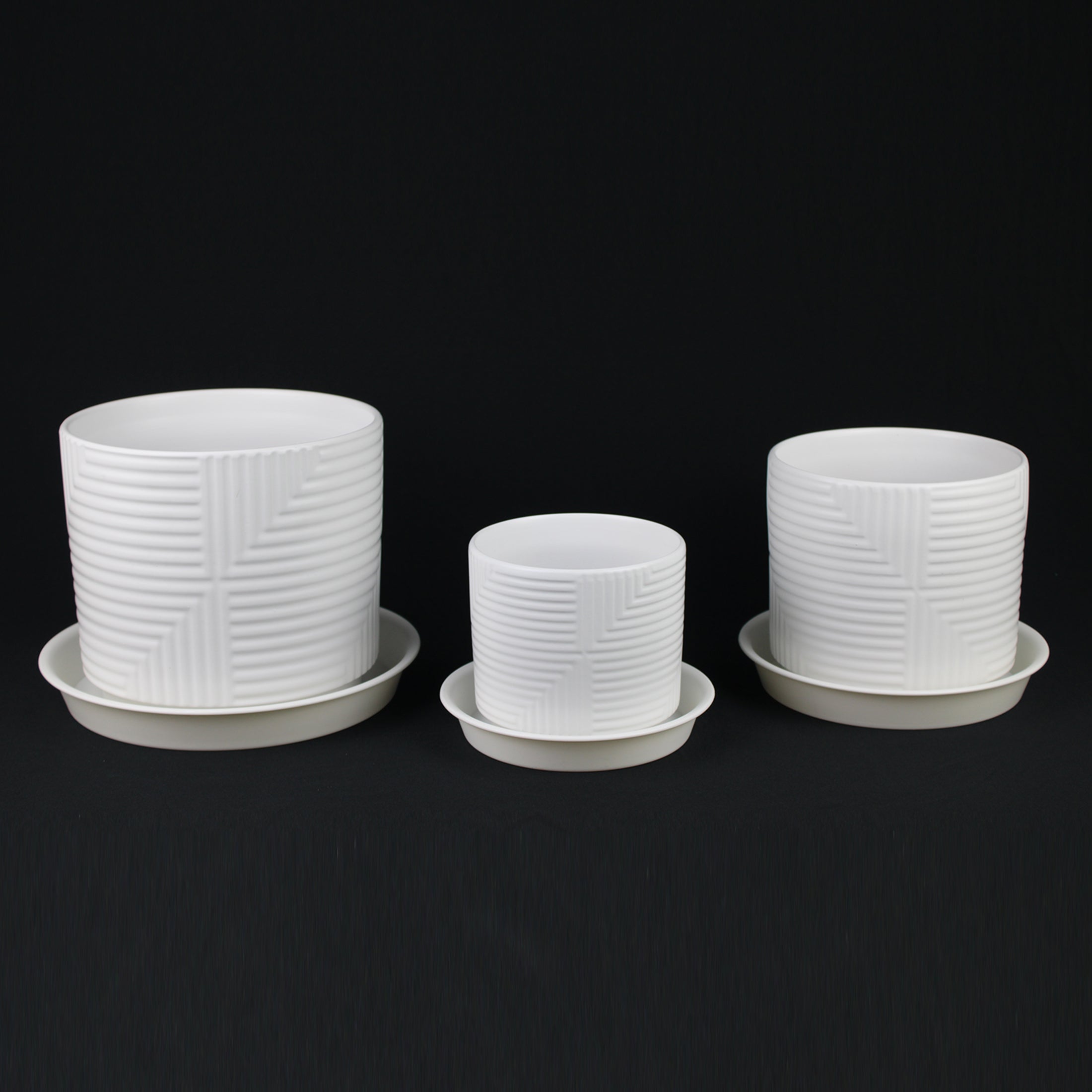 3-Piece White Stoneware Planter Set with Geometric Line Design