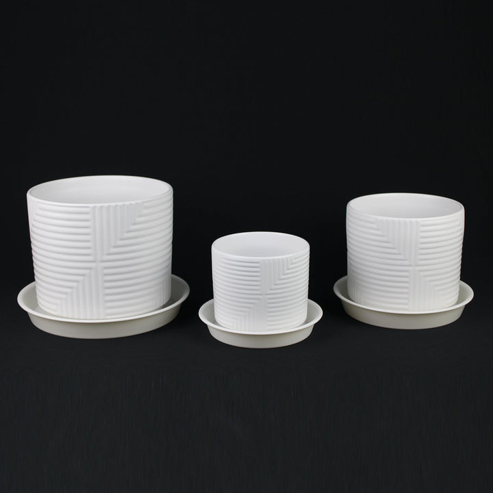 3-Piece White Stoneware Planter Set with Geometric Line Design