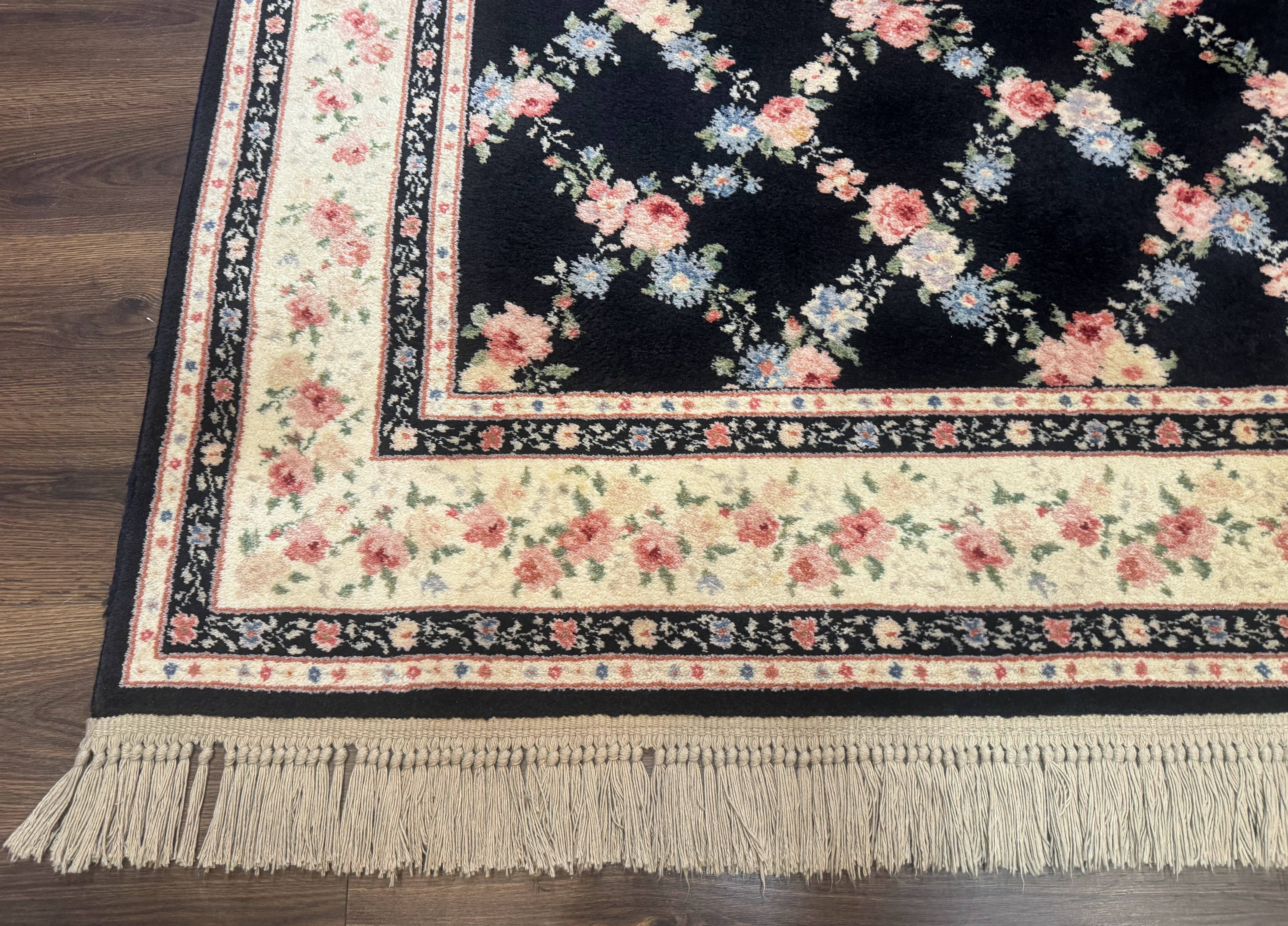 8.8 x 12 Karastan Garden of Eden Rug, Ebony Trellis #509/1270, Black, Floral, Wool Pile, Vintage, Discontinued