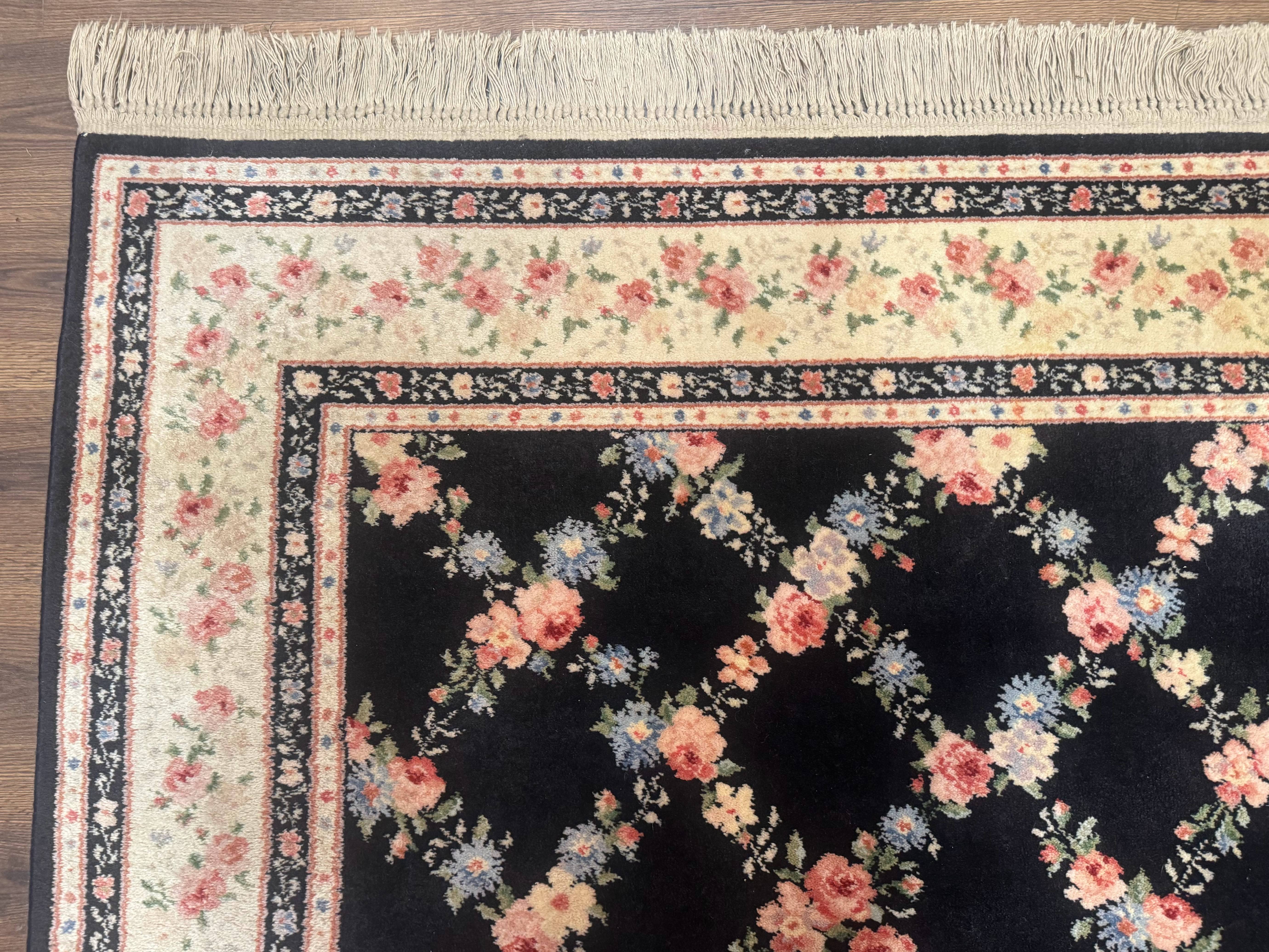 8.8 x 12 Karastan Garden of Eden Rug, Ebony Trellis #509/1270, Black, Floral, Wool Pile, Vintage, Discontinued