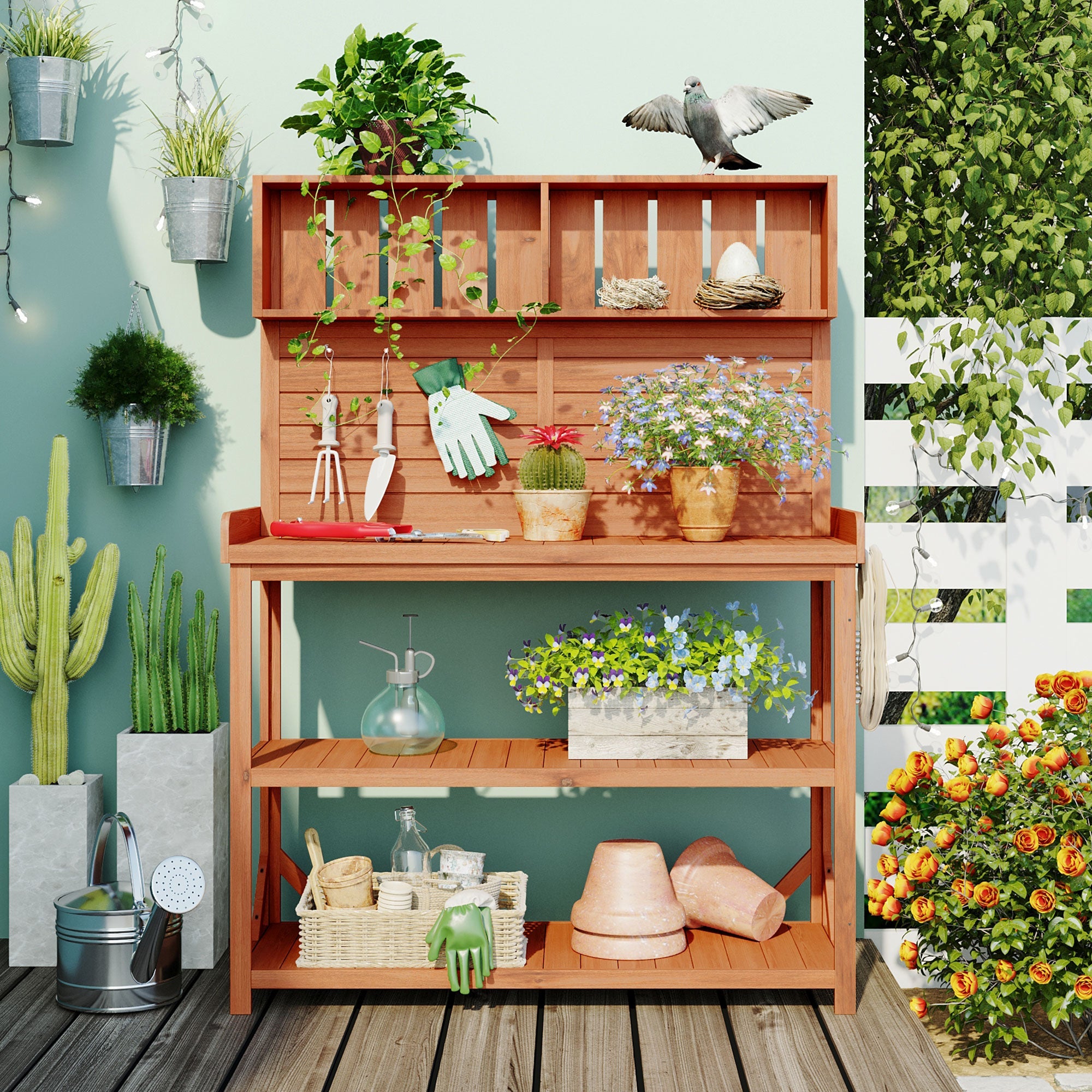 TOPMAX 65" Large Wooden Farmhouse Rustic Outdoor Potting Bench