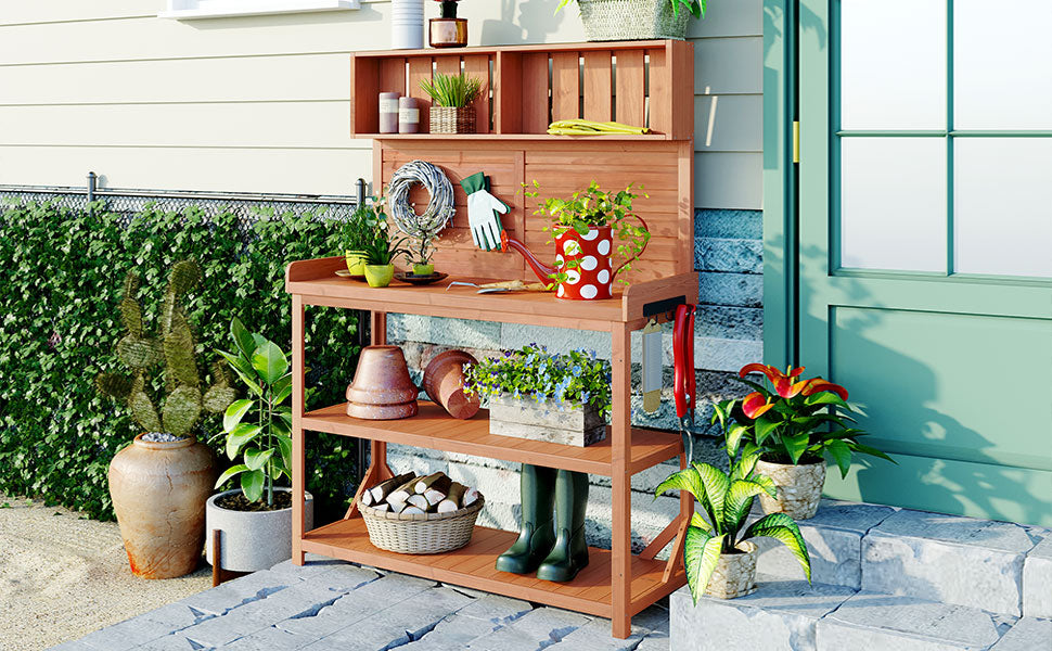 TOPMAX 65" Large Wooden Farmhouse Rustic Outdoor Potting Bench